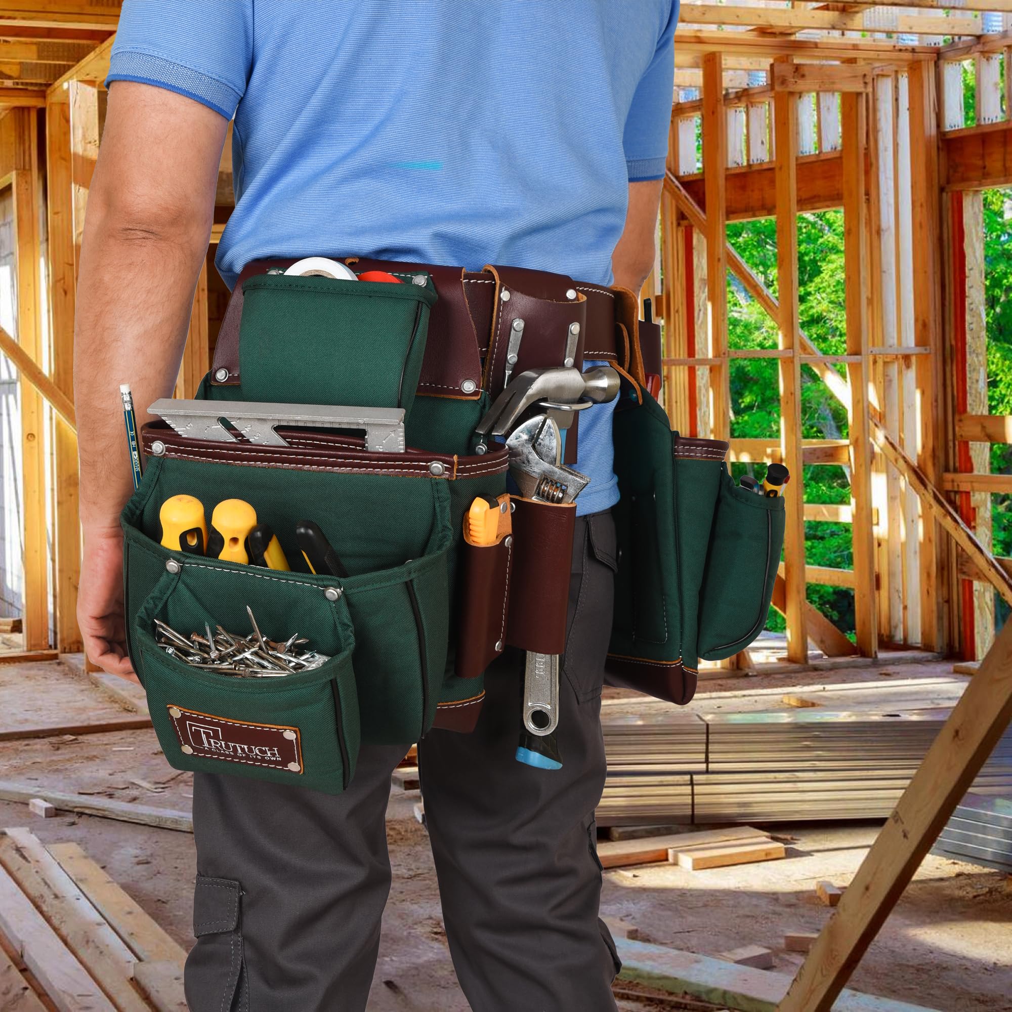 Durable Nylon & Leather Tool Belt for Carpenters, Construction Workers, Electricians - Heavy Duty Framing Tool Bag with Multiple Pockets (Green) - Perfect for Job Sites, DIY Projects & Home Renovations