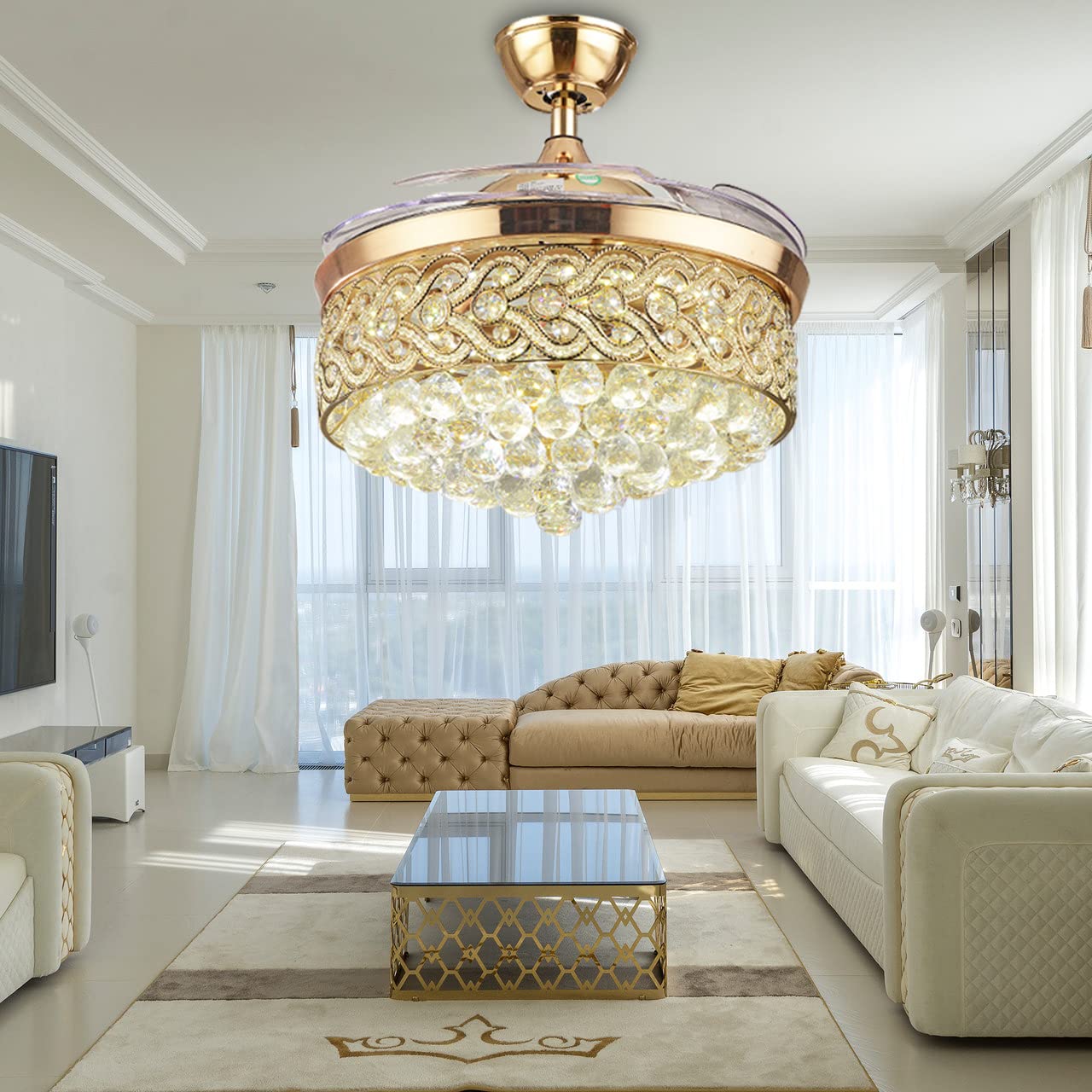 42 Inch Gold Crystal Ceiling Fan with LED Lights & Remote Control - Retractable Blades, 3 Speed Settings, 3 Color Temperatures - Elegant Chandelier Fan for Living Room, Bedroom & Dining Room