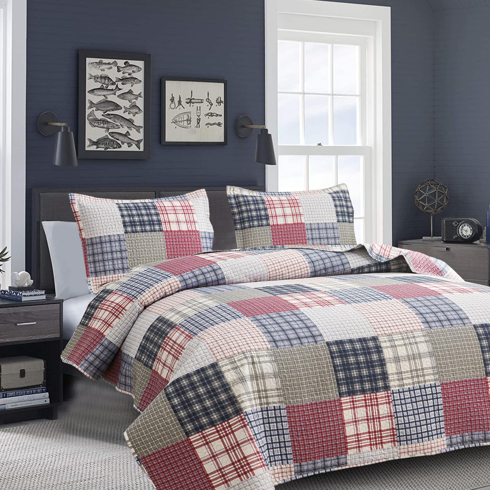 **King Size Plaid Quilt Set - Reversible Red Blue White Patchwork Bedspread Coverlet | Soft Microfiber Lightweight All-Season Bedding for Boys & Men | Perfect for Bedrooms, Dorms, and Guest Rooms**