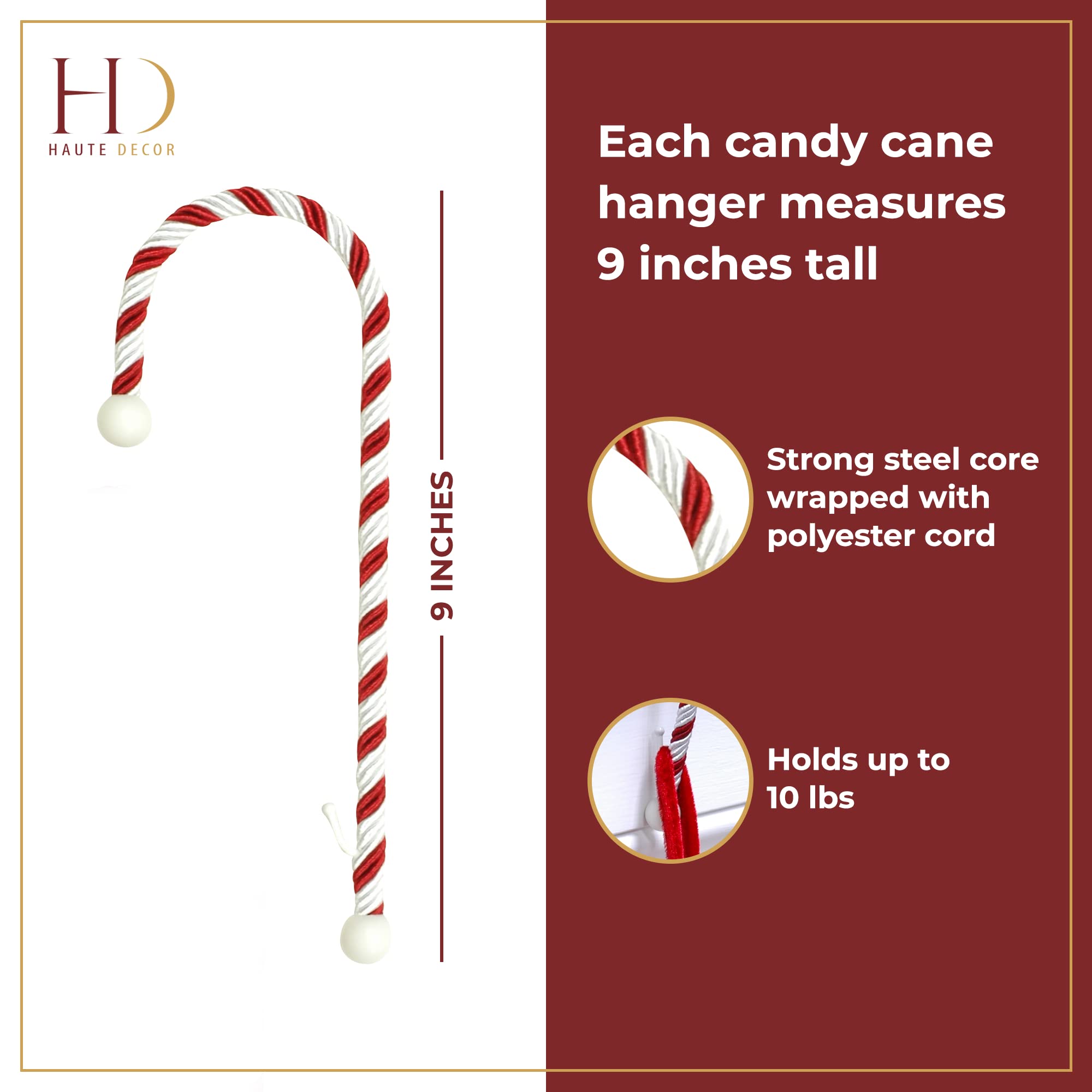 Haute Decor Candy Cane Stocking Holder (Classic Red & White, 4-Pack) - Lightweight Christmas Stocking Hanger for Fireplace Mantel, Holds up to 10 lbs - Perfect for Holiday Decorations, Gift Hanging & Festive Home Decor