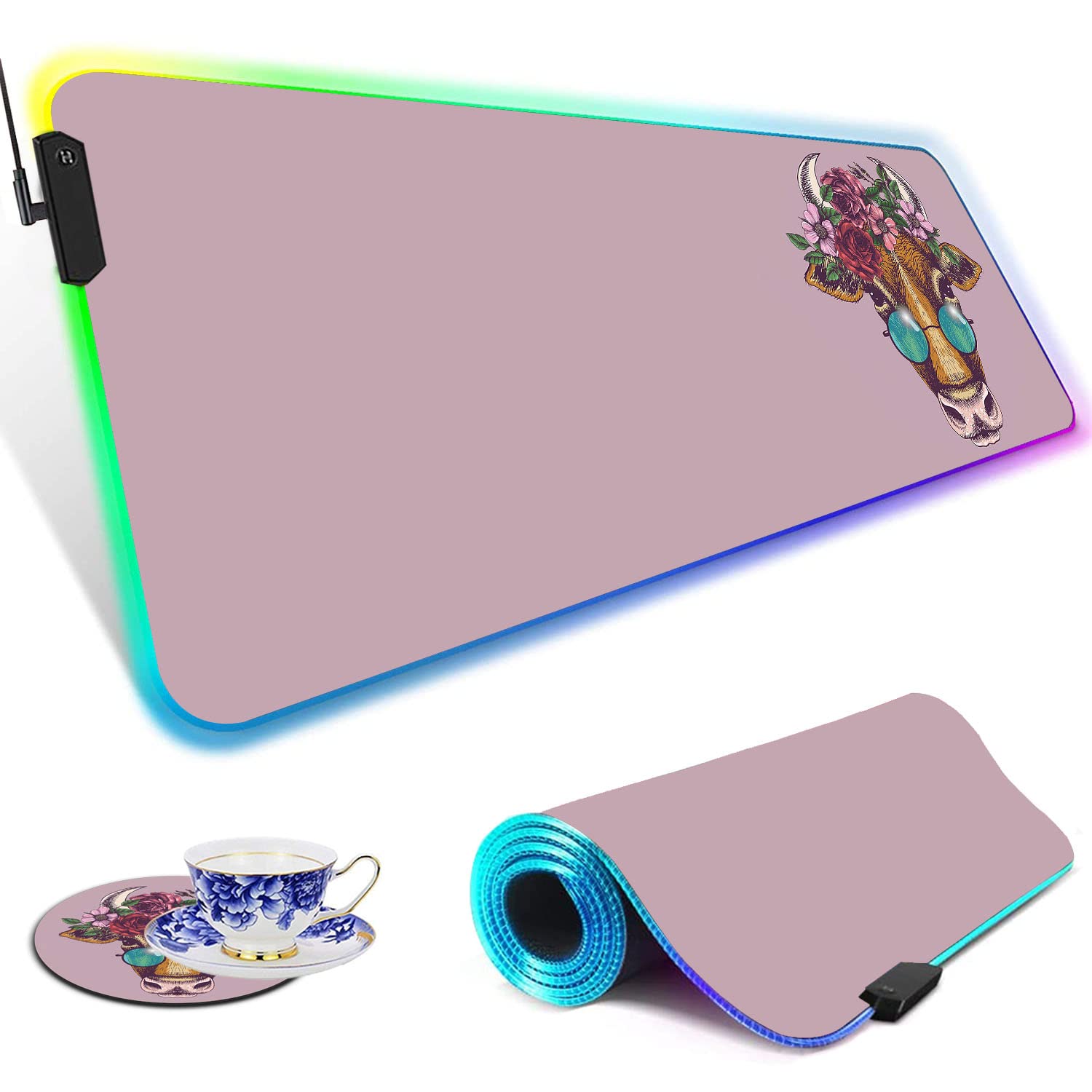 RGB Gaming Mouse Pad with LED Lights - Large Non-Slip Desk Mat for Keyboard & Mouse | Waterproof Optical Surface | Perfect for PC Gaming, Office Work & Streaming Setup (Pink Cow & Sunflower Design)