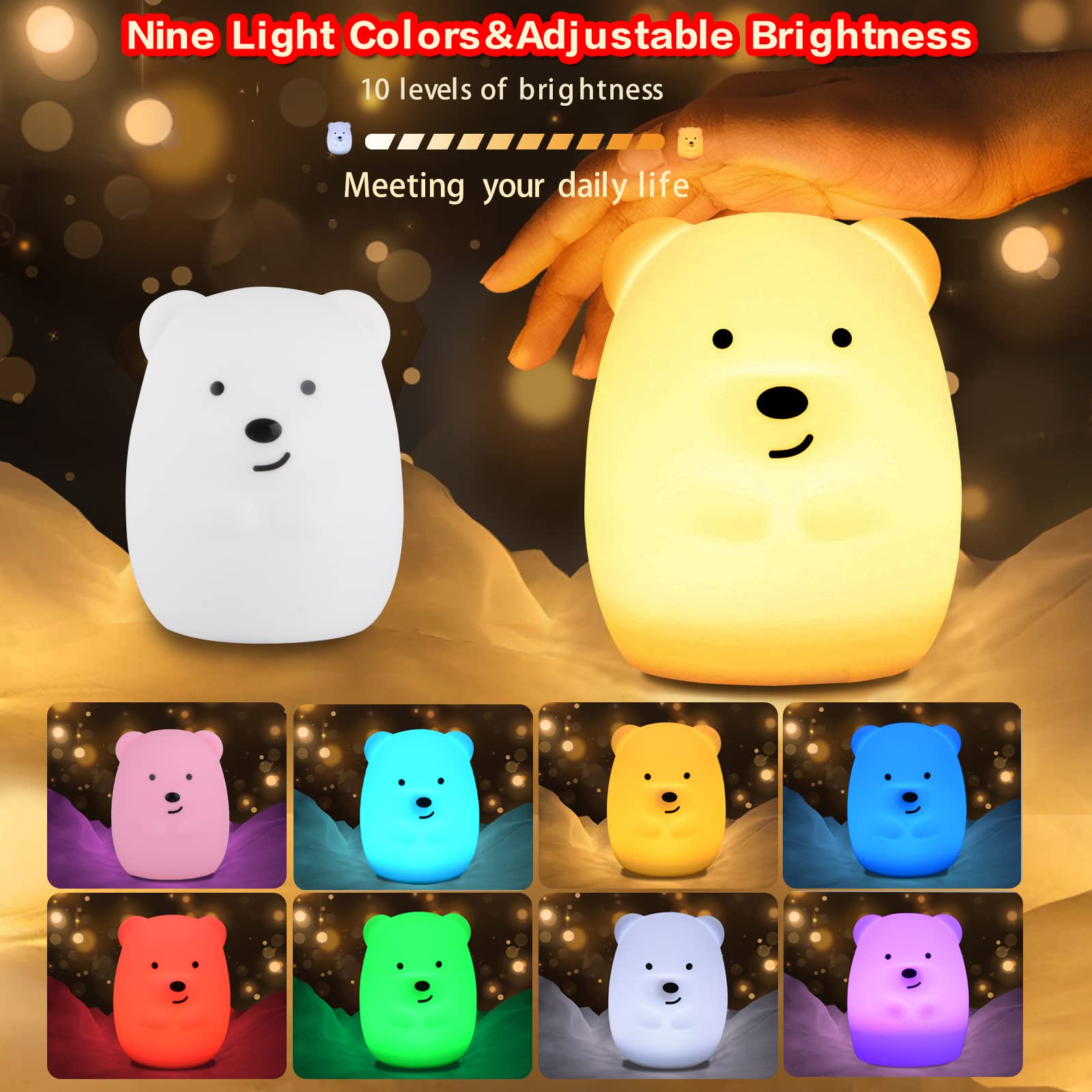 Medium Bear Night Light - 9 Color Changing, USB Rechargeable, Touch Control for Kids & Adults - Perfect for Bedrooms & Nurseries