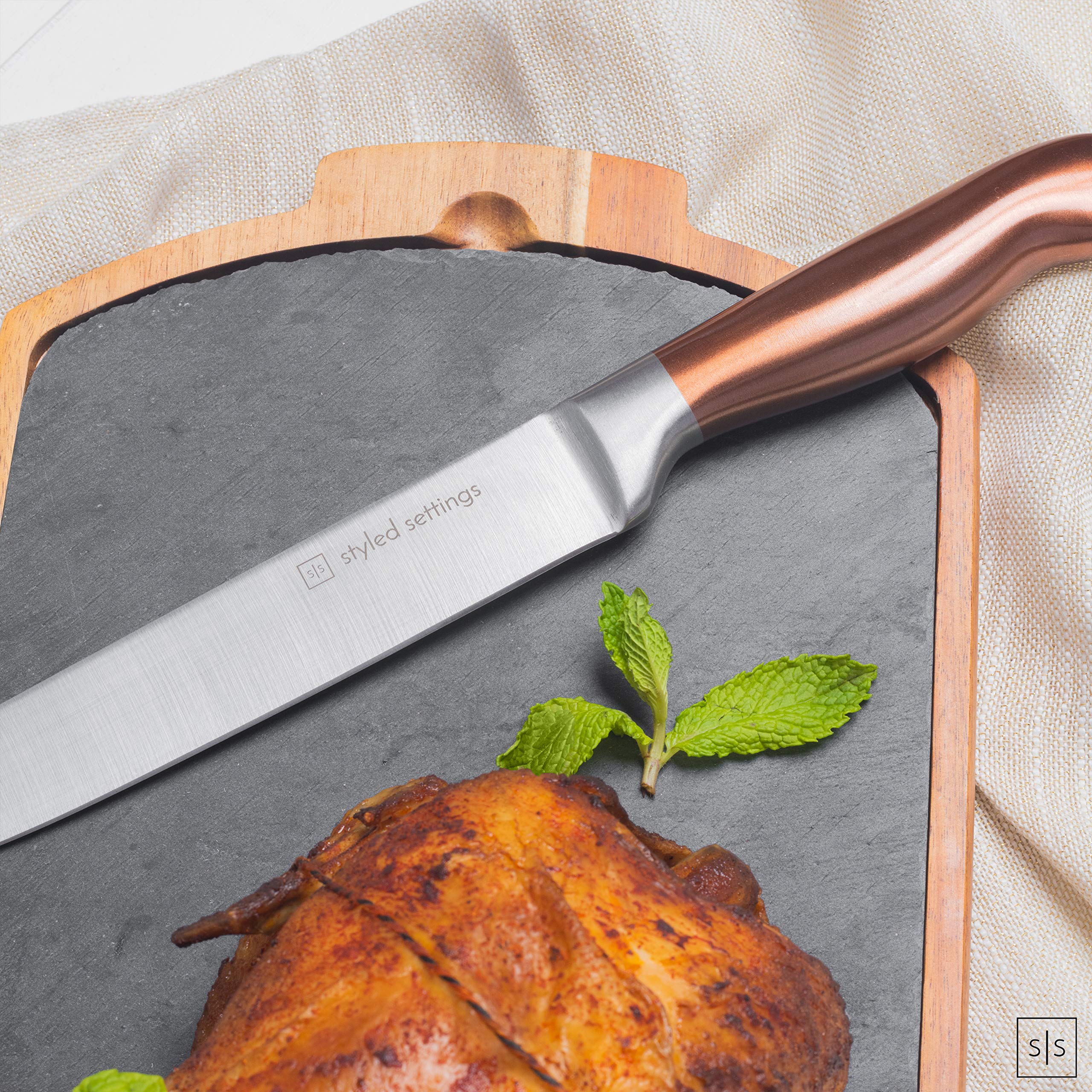 Premium 14-Piece Rose Gold Copper Knife Set with Black Knife Block & Built-In Sharpener - Professional Kitchen Knives for Cooking, Slicing & Food Prep - Perfect Gift for Chefs & Home Cooks (Ideal for Holiday Dinners, BBQ Parties & Everyday Meal Preparation)