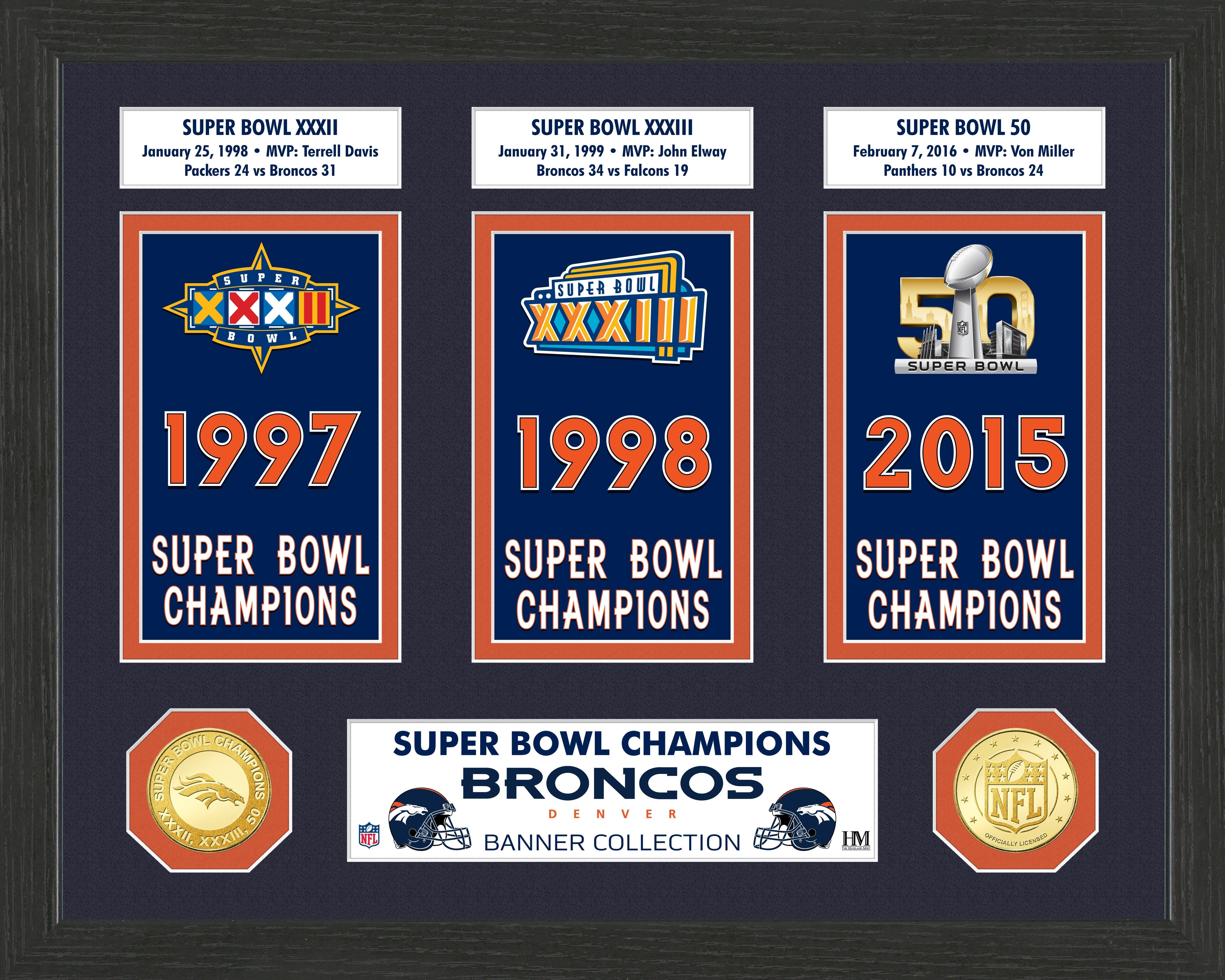 Denver Broncos Super Bowl Championship Banner Collection - High-Quality Photo Mint for Home Decor, Man Cave & Sports Memorabilia Display