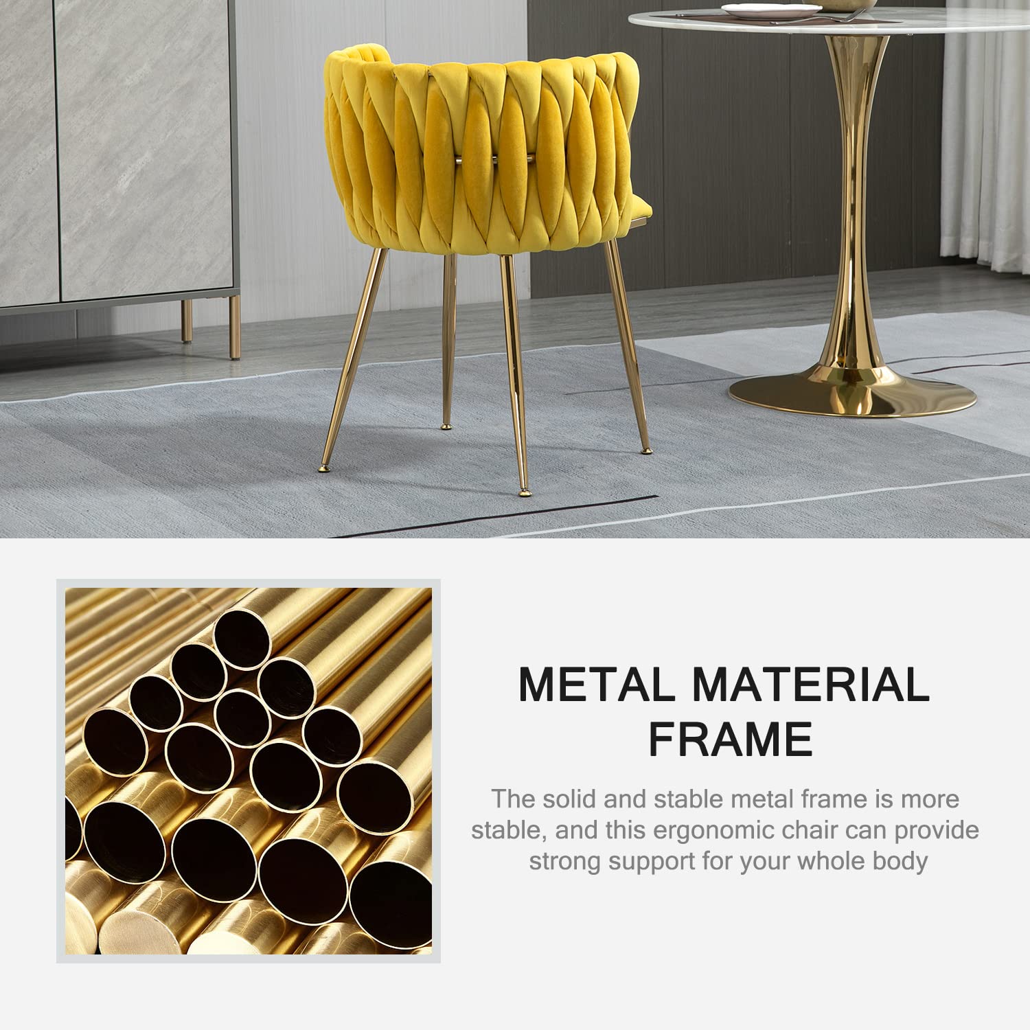 Nrizc Set of 2 Modern Velvet Upholstered Dining Chairs with Gold Metal Legs - Woven Accent Chairs for Living Room, Kitchen & Dining Room - Comfortable & Stylish Seating for Home Decor (Yellow) - Perfect for Dinner Parties, Family Gatherings & Cozy Breakfast Nooks
