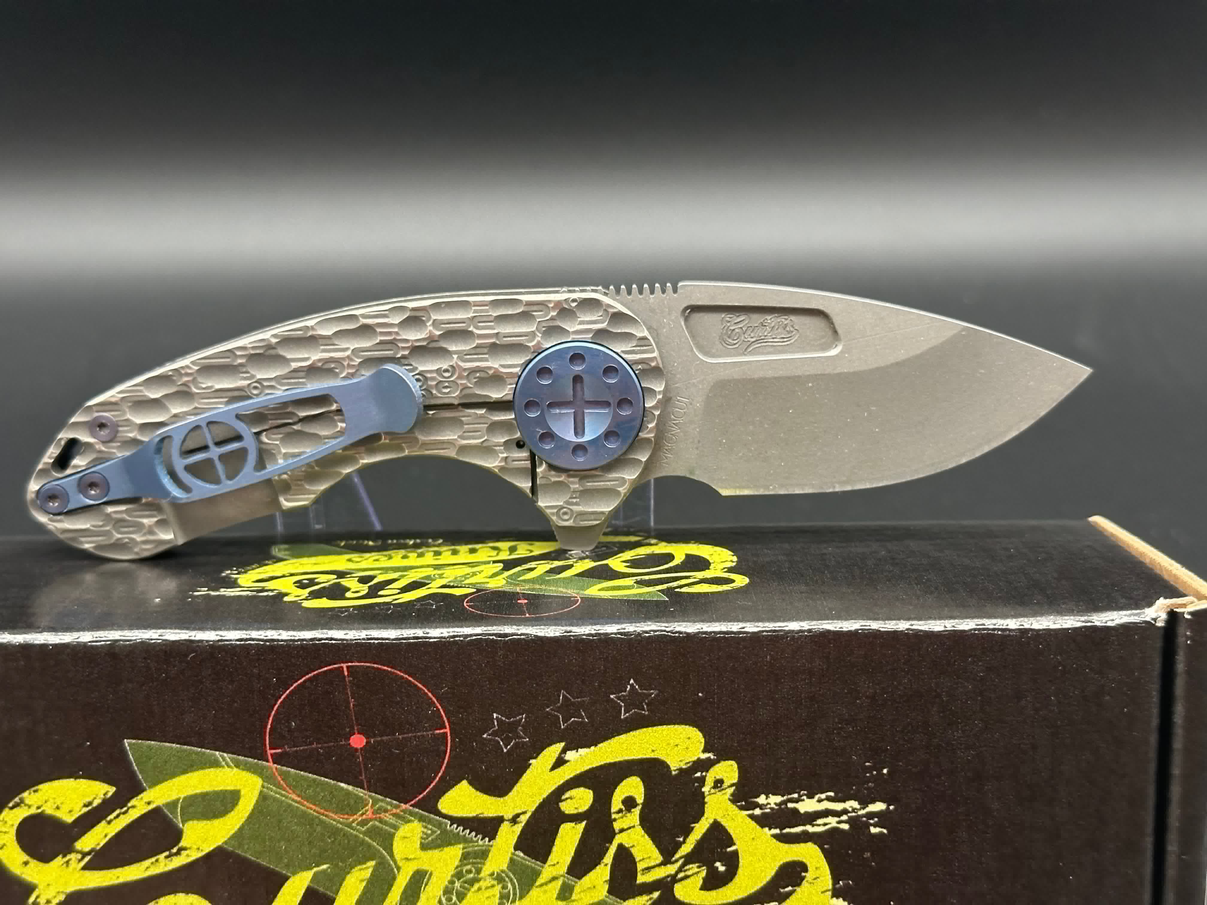 Curtiss Custom Knives F3 Compact Slicer Flipper - PM Mill Titanium Handle, Magnacut Steel Blade (Stonewashed Finish, Blue) - EDC Pocket Knife for Outdoor, Camping & Everyday Carry