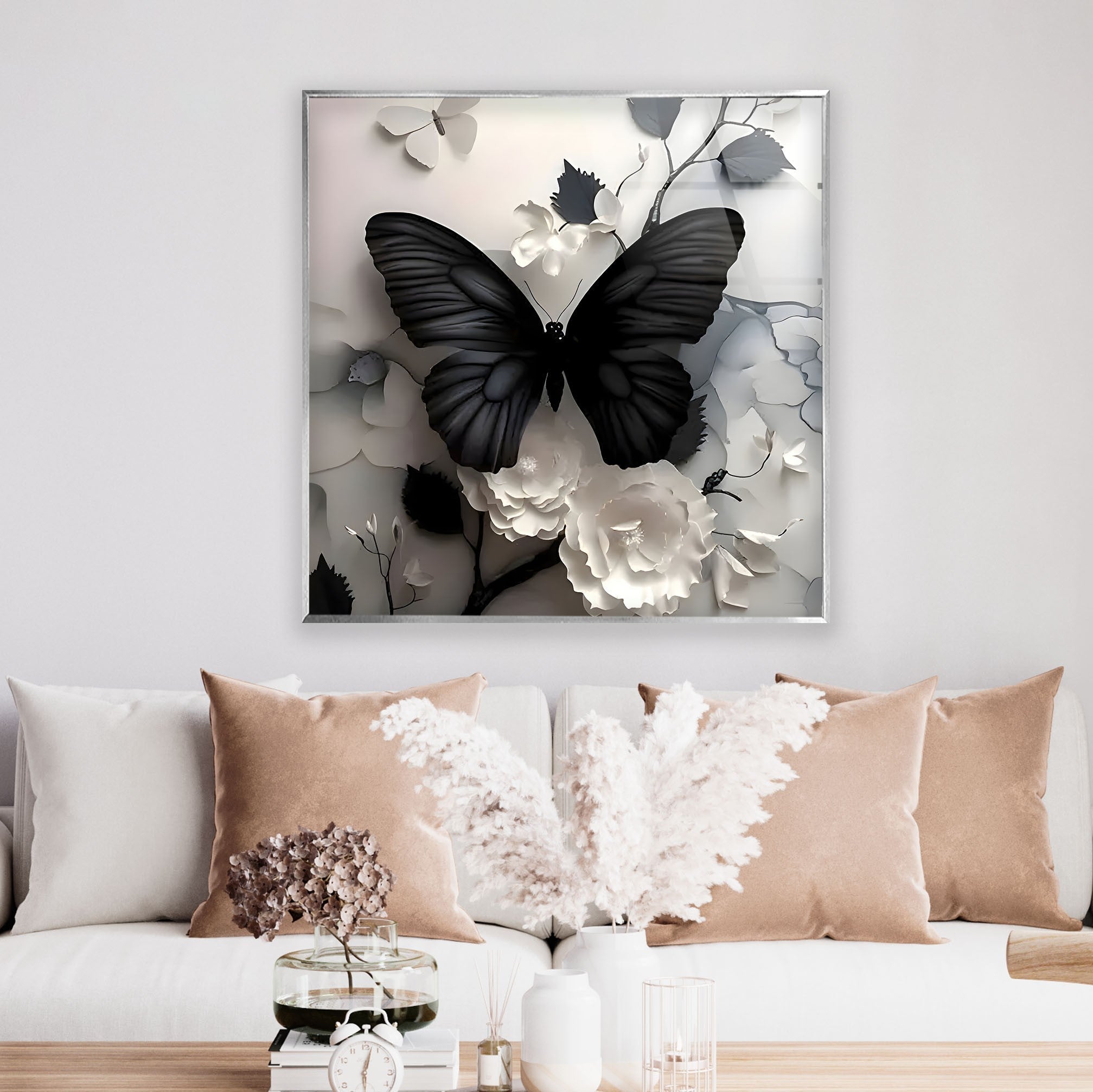 Elegant Black Butterfly & Floral Glass Wall Art - Handmade Decorative Panel for Living Room, Bedroom, or Office Decor