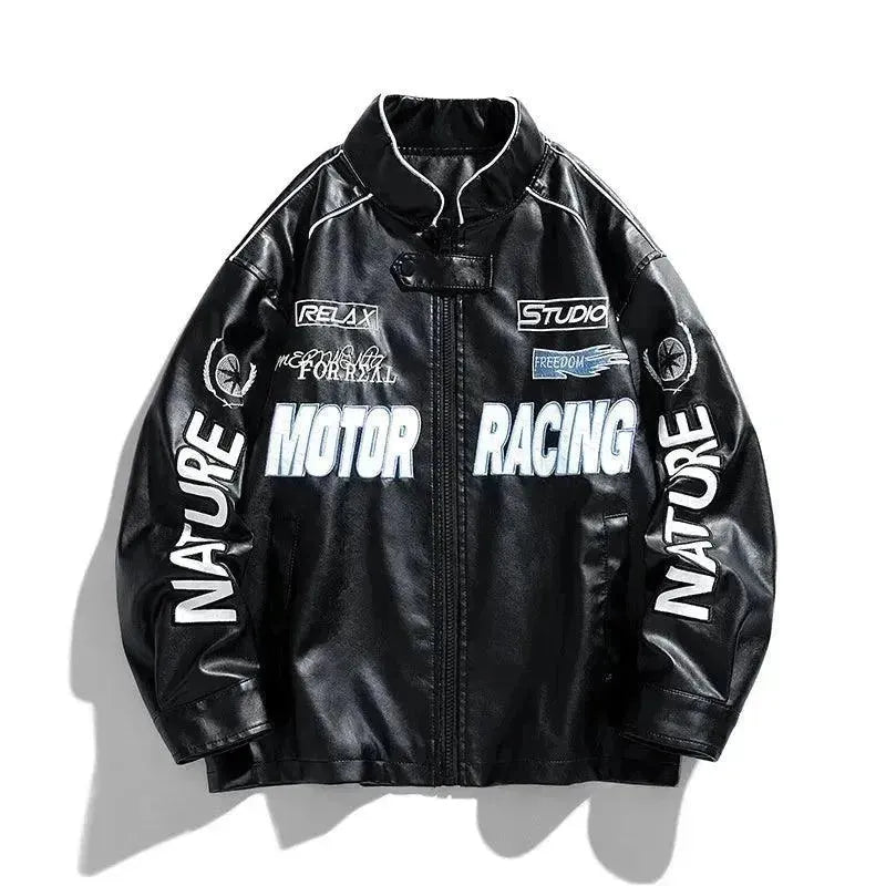 Men's Casual Letter Embroidered Genuine Leather Jacket - Stylish Biker Jacket for Everyday Wear, Motorcycle Riding & Outdoor Adventures