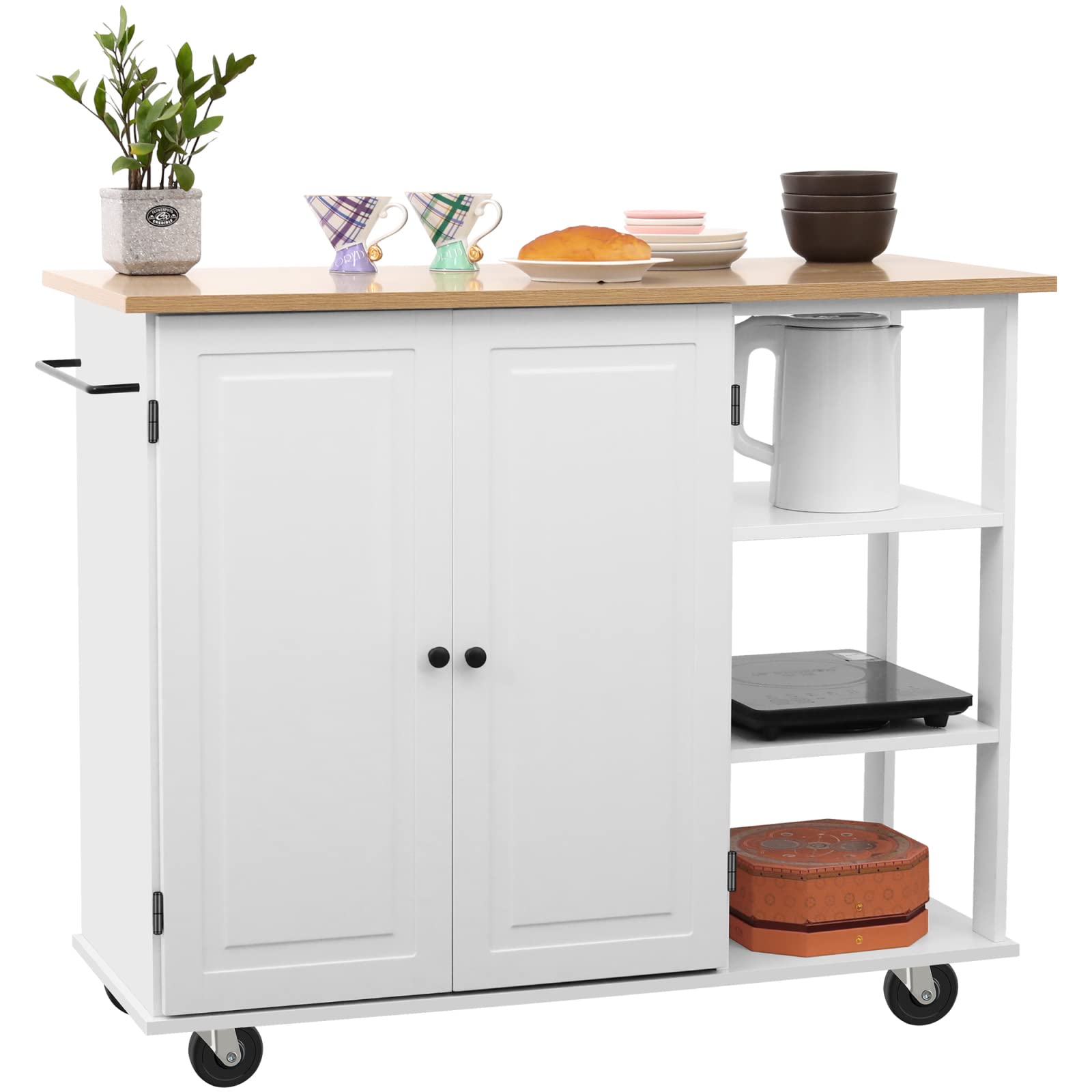 Lazyspace Wooden Kitchen Island Cart with Large Cabinet, Towel Rack & Wheels - Mobile Kitchen Organizer for Dining Room & Utensils Storage | Perfect for Small Spaces, Food Prep & Entertaining
