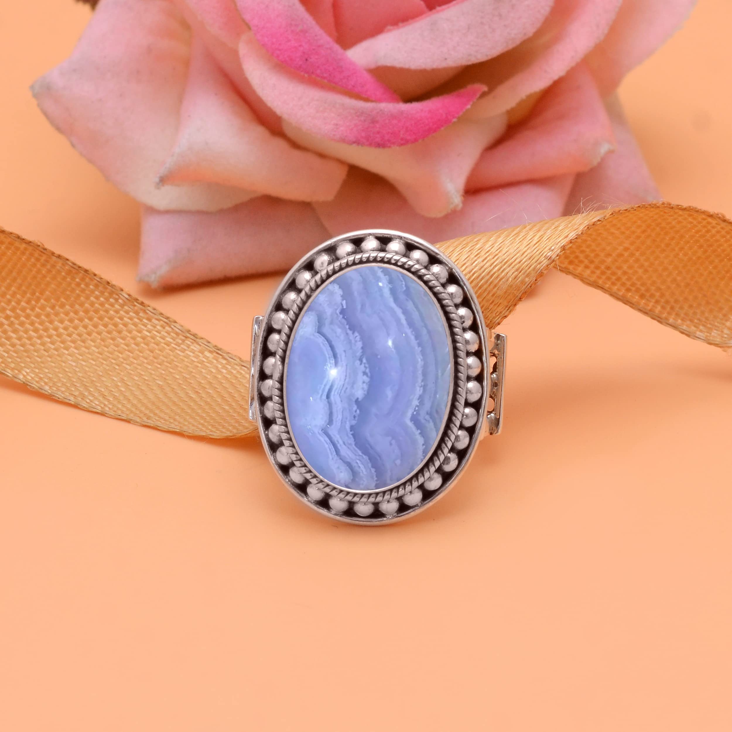 Veracity Jewelry Blue Lace Agate Ring for Women - 925 Sterling Silver Healing Meditation Ring with Natural Blue White Gemstone - Elegant Designer Jewelry Gift for Meditation, Yoga & Spiritual Healing (VSR-32)