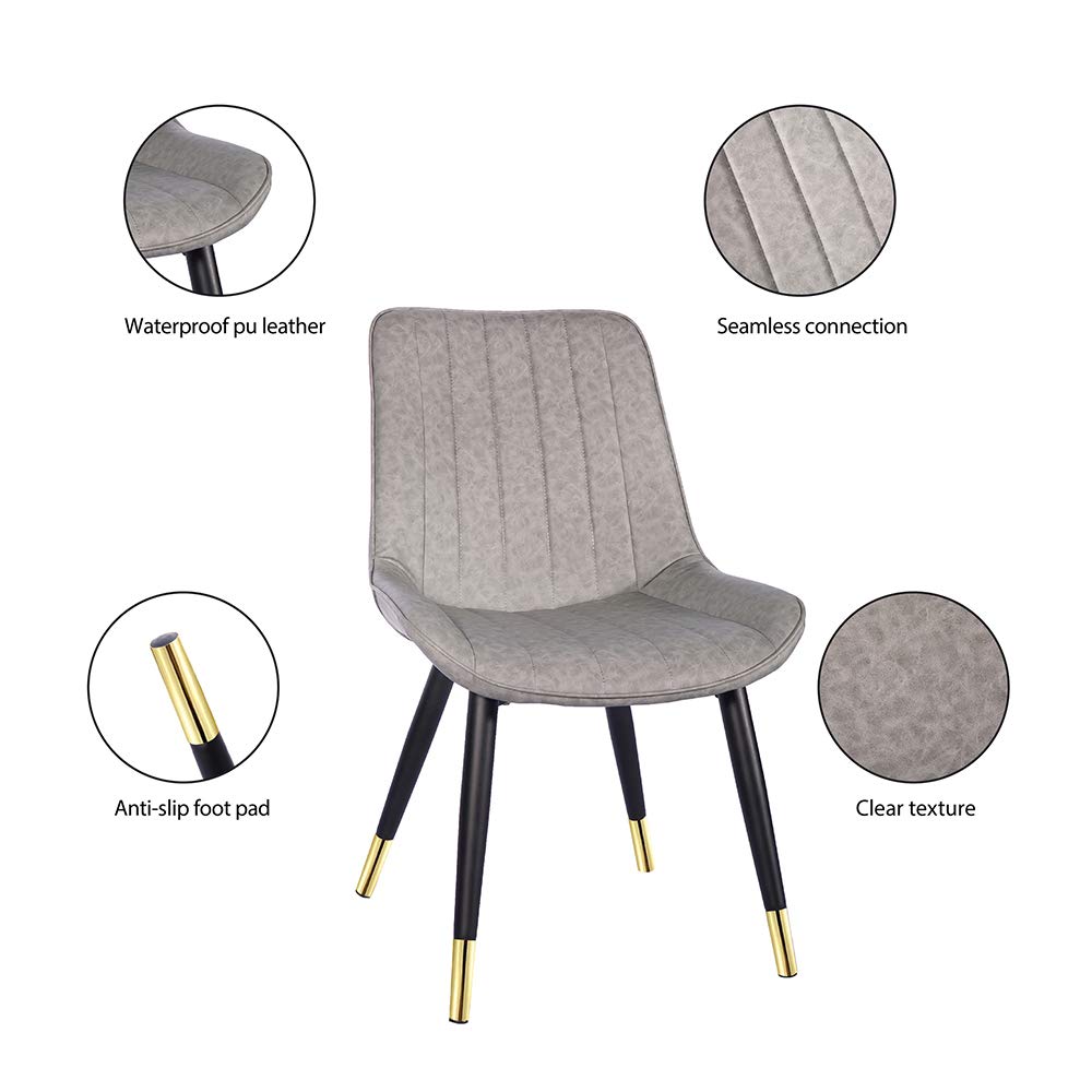 Modern Gray Leather Dining Chairs with Gold-Tipped Metal Legs - Set of 2 Upholstered Kitchen Chairs for Dining Room, Living Room & Bedroom | Elegant Home Decor for Indoor Entertaining & Family Gatherings