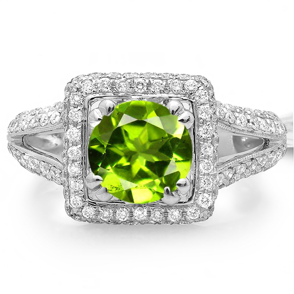 Dazzlingrock 14K Solid White Gold Round Green Peridot & White Diamond Halo Engagement Ring for Women - Perfect for Bridal, Wedding, and Anniversary Gifts