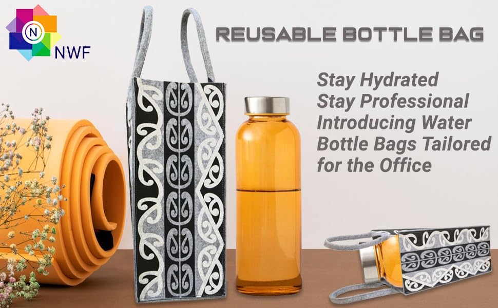 Eco-Friendly Reusable Water Bottle Bag - Premium Felt Material for Office, Gym & Travel | Wine Bottle Gift Bag (Grey-Black) | Sustainable & Stylish Accessory for Hydration On-The-Go