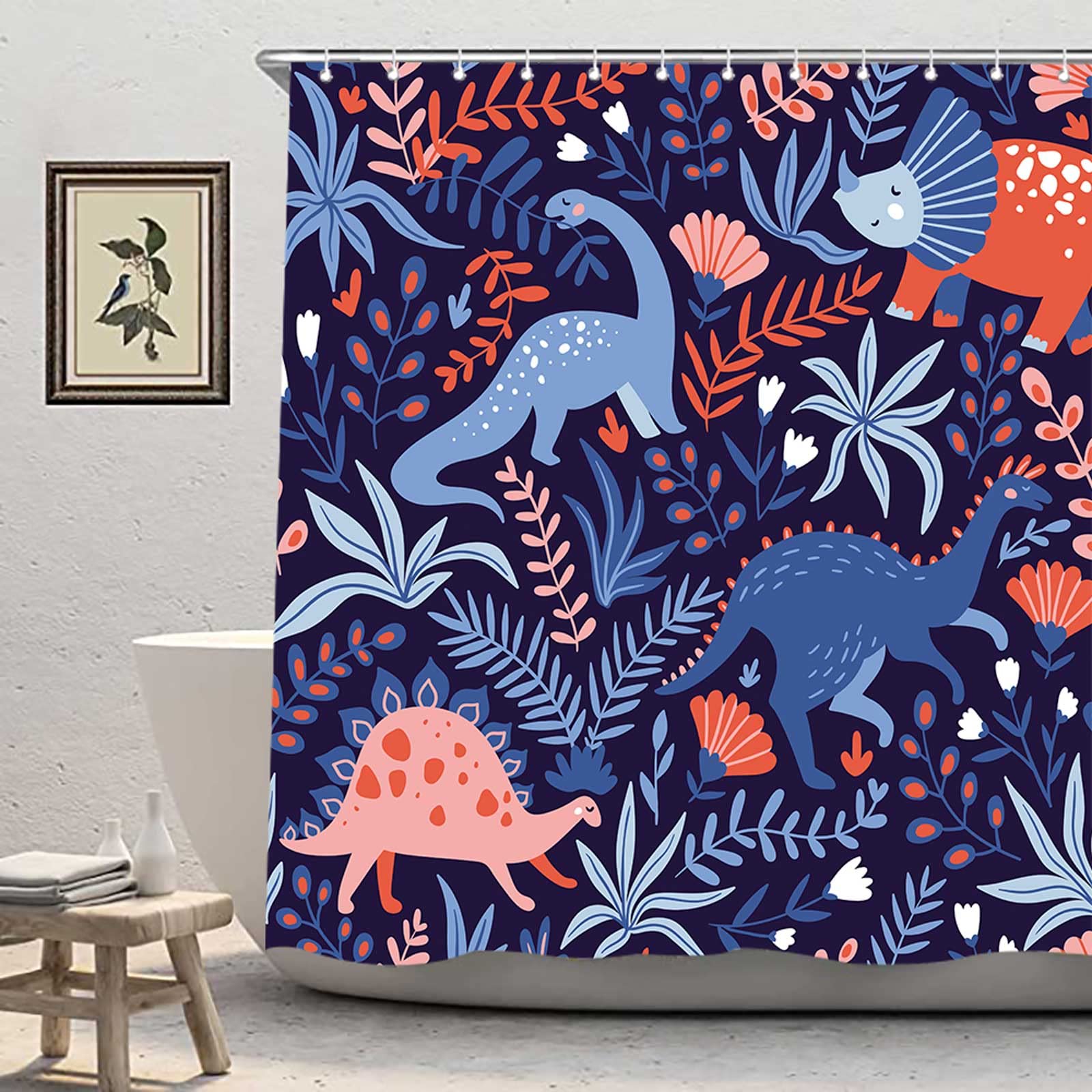 Dinosaur Shower Curtain - Colorful Cartoon Dino with Tropical Leaves Design, Waterproof Fabric Bathroom Decor for Kids & Boys, 72x72 Inch with Hooks - Perfect for Kids' Bathroom, Nursery, or Dinosaur-Themed Bedroom