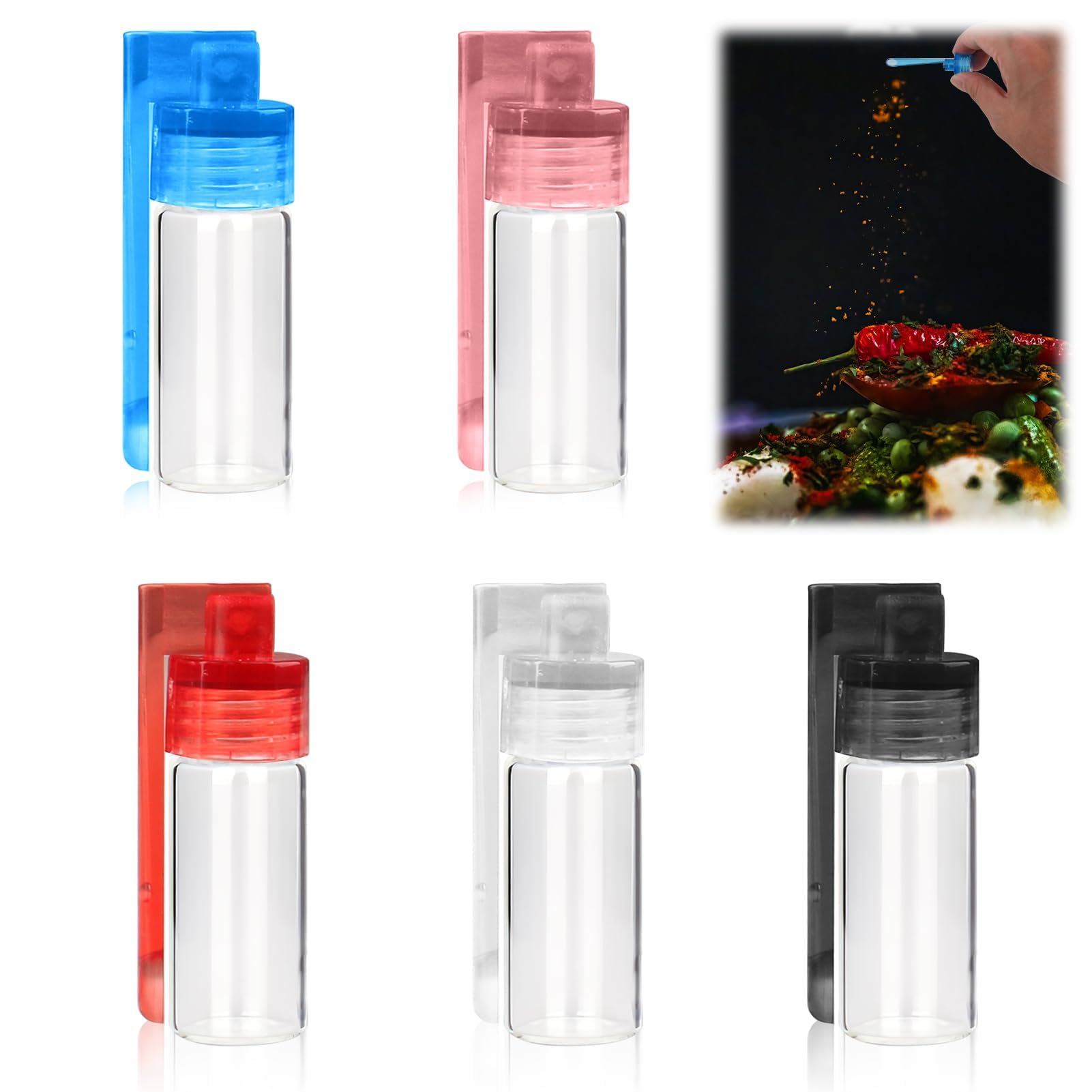 5-Piece Clear Glass Portable Pepper Shakers Set - Mini Salt & Pepper Dispensers for Camping, Travel, Cooking & Outdoor Activities - Includes 5 Colorful Bottle Caps - Perfect for Picnics, BBQs & Kitchen Use