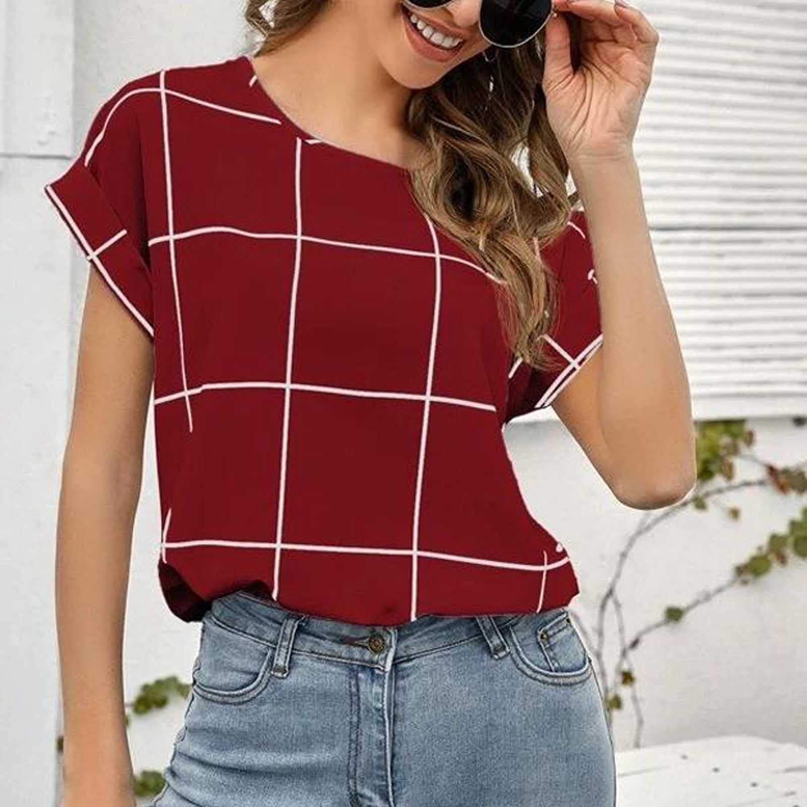 FMCHICO Women's Casual Lattice Print Crewneck Short Sleeve T-Shirt Blouse - Breathable Summer Top for Work, Dating & Everyday Wear