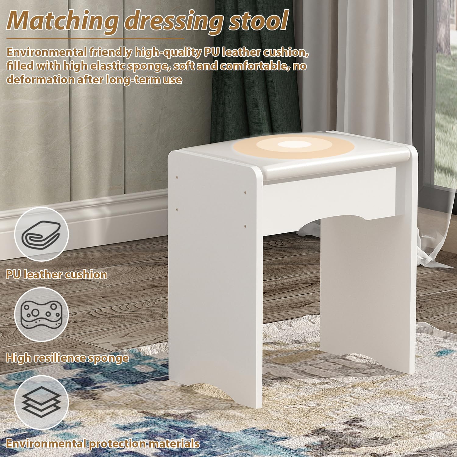 FUFU&GAGA White Vanity Set with Rectangular LED Mirror - 5-Drawer Makeup Dressing Table, Shelves & Cushioned Stool - Perfect for Bedroom, Dorm Room or Beauty Salon Organization