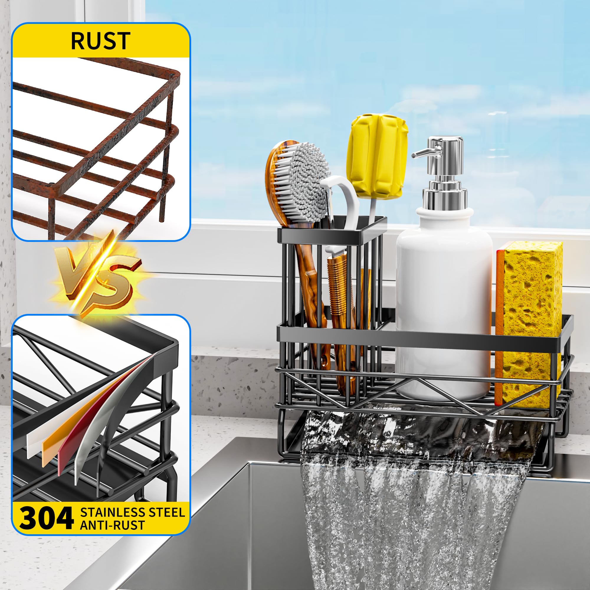 Stainless Steel Kitchen Sink Organizer with Sponge & Brush Holder - Rustproof 304 Sink Caddy for Sponges, Soap & Cleaning Tools | Compact Black Sink Accessory for Organized Kitchen Countertop & Dishwashing Area
