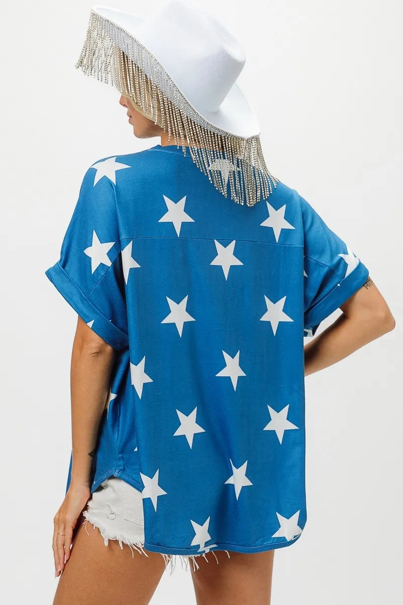BiBi Fourth Of July Patriotic Star Knit T-Shirt - American Flag Themed Casual Top for Independence Day Celebrations & Summer Outfits