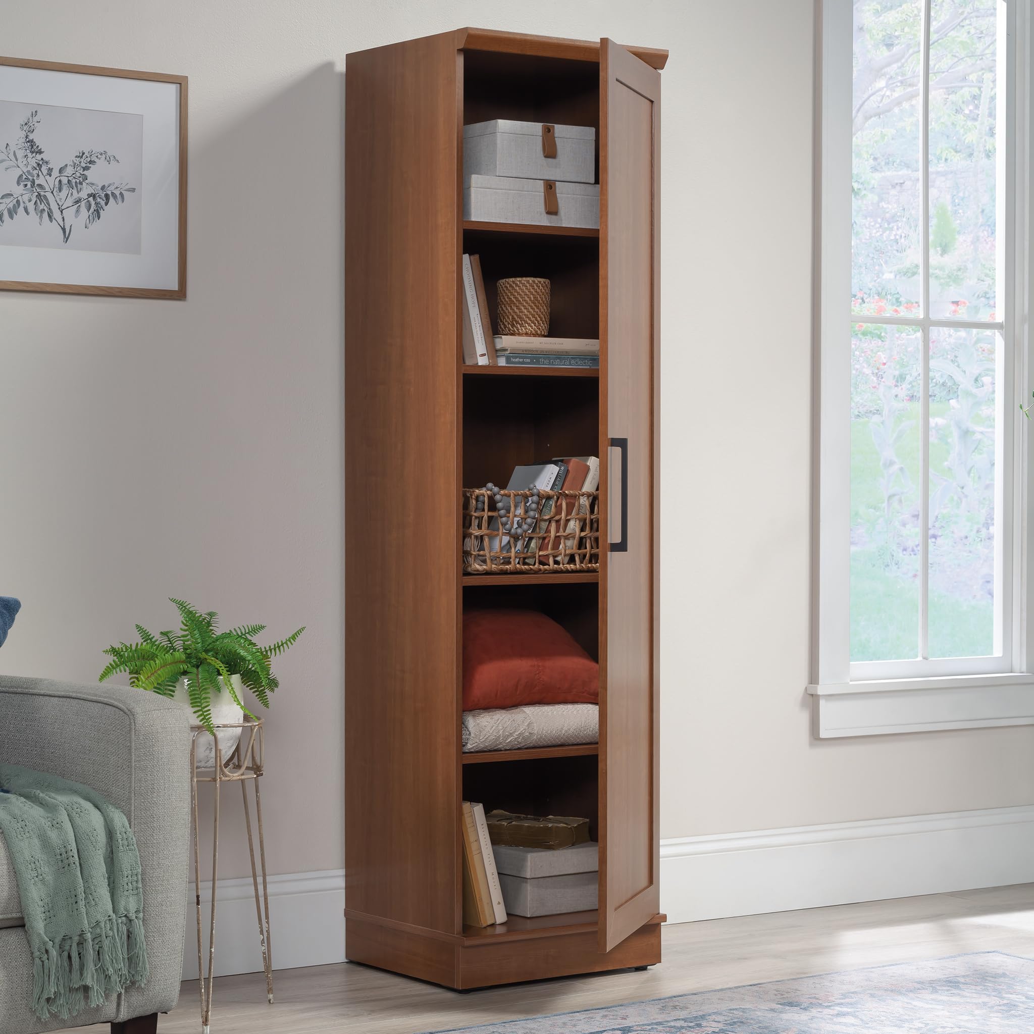 Sauder HomePlus Slim Single Door Kitchen Pantry Storage Cabinet with Adjustable Shelves - Laundry & Bathroom Organizer in Sienna Oak Finish | Perfect for Small Spaces, Pantry Organization & Bathroom Storage Solutions