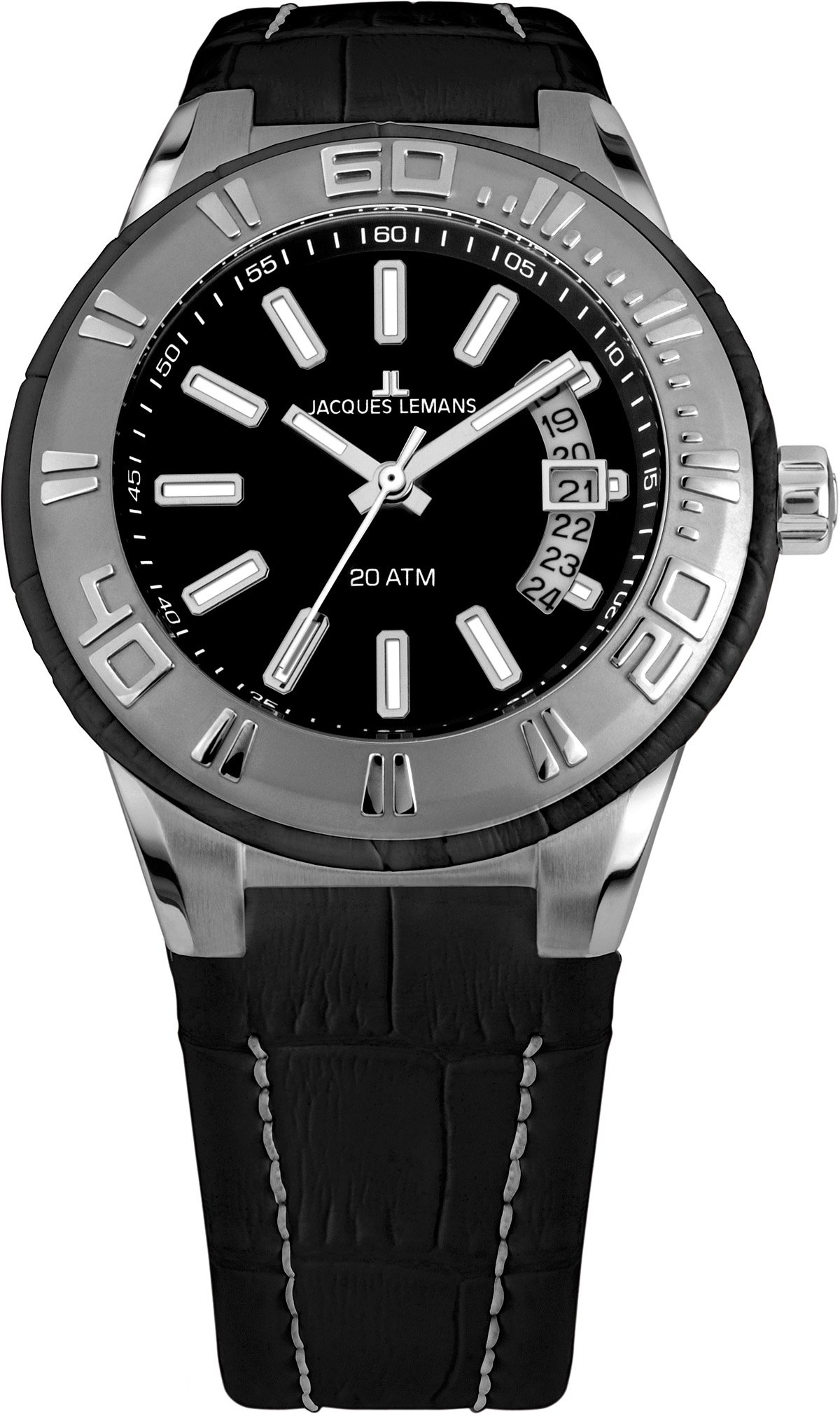 Jacques Lemans Men's 1-1770A Miami Sport Analog Watch - Black Leather Strap, Water Resistant, Date Display | Perfect for Casual Wear, Business Meetings & Outdoor Activities