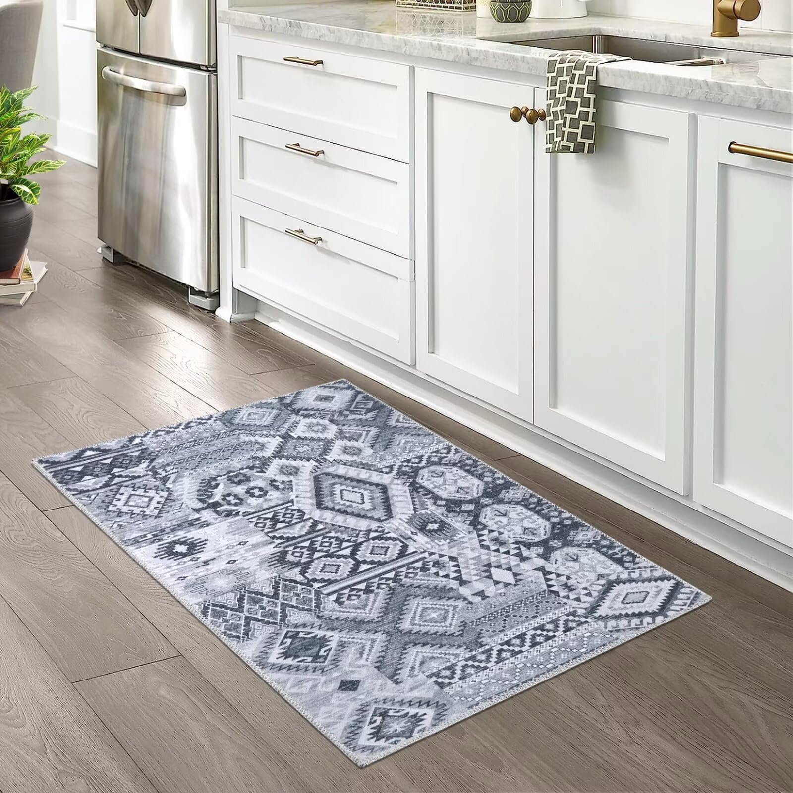 GARVEE 2x3 Washable Non-Slip Chenille Rug - Low Pile Farmhouse Entryway Mat for Kitchen, Bathroom, Bedside & Front Door - Grey Tribal Design Indoor Doormat | Perfect for High Traffic Areas, Pet-Friendly Homes & Cozy Decor
