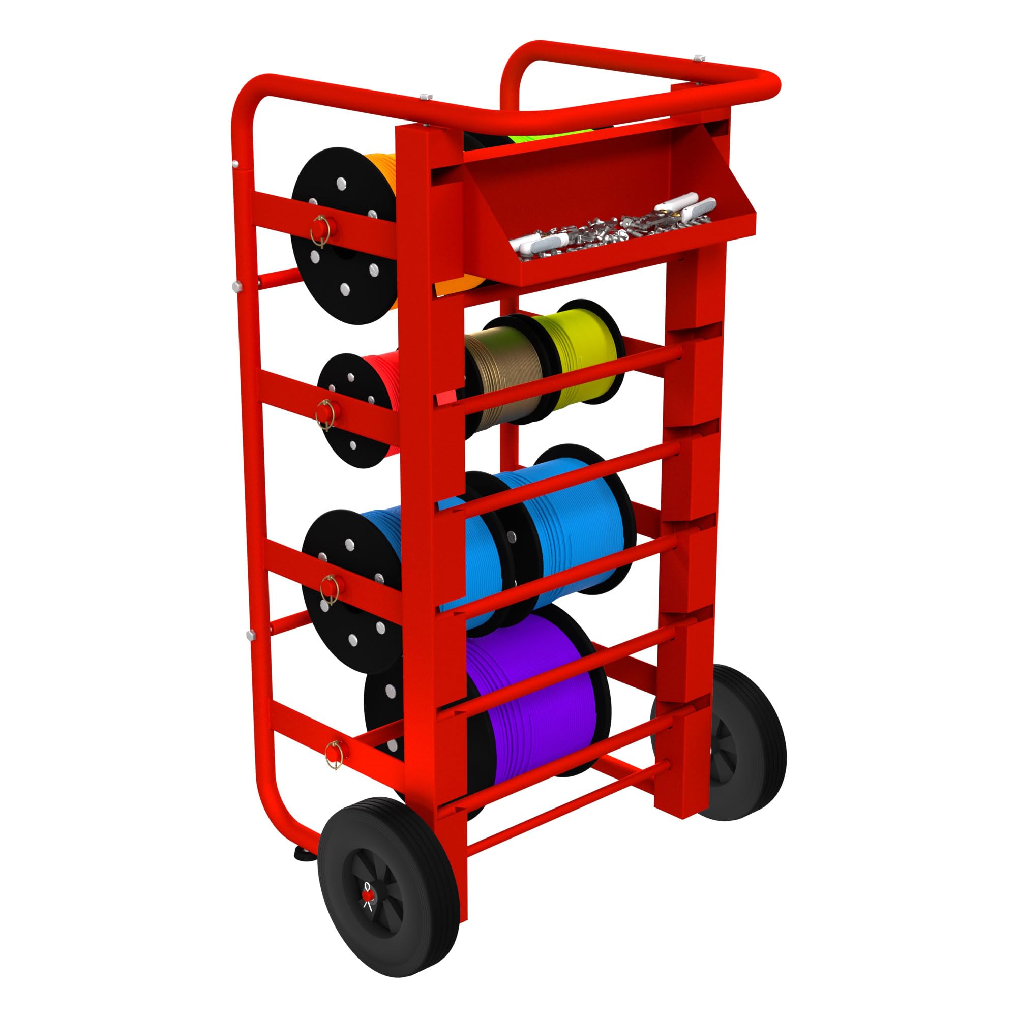 Heavy Duty 11-Rod Wire Spool Rack with Wheels & Storage Box - Mobile Cable Holder for Electricians, Workspaces & DIY Projects - Efficient Wire Management Solution (Red)