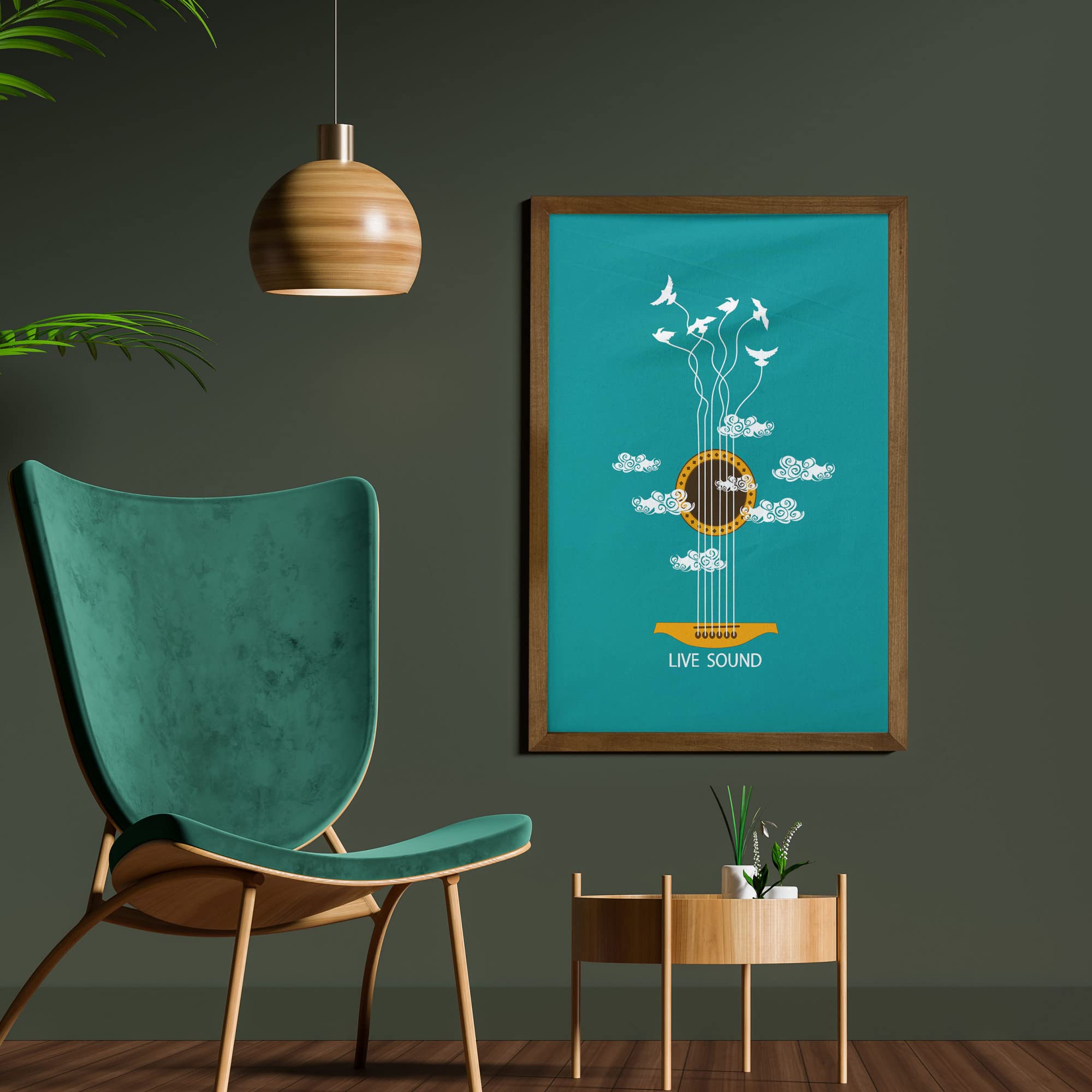 Ambesonne Framed Guitar Wall Art - Abstract Music Theme with Birds on Strings & Clouds - Teak Wood Frame Fabric Decor for Living Room, Bedroom, Dorm - 23x35 Inches Turquoise Marigold White - Perfect for Musicians' Gifts & Music Studio Decor