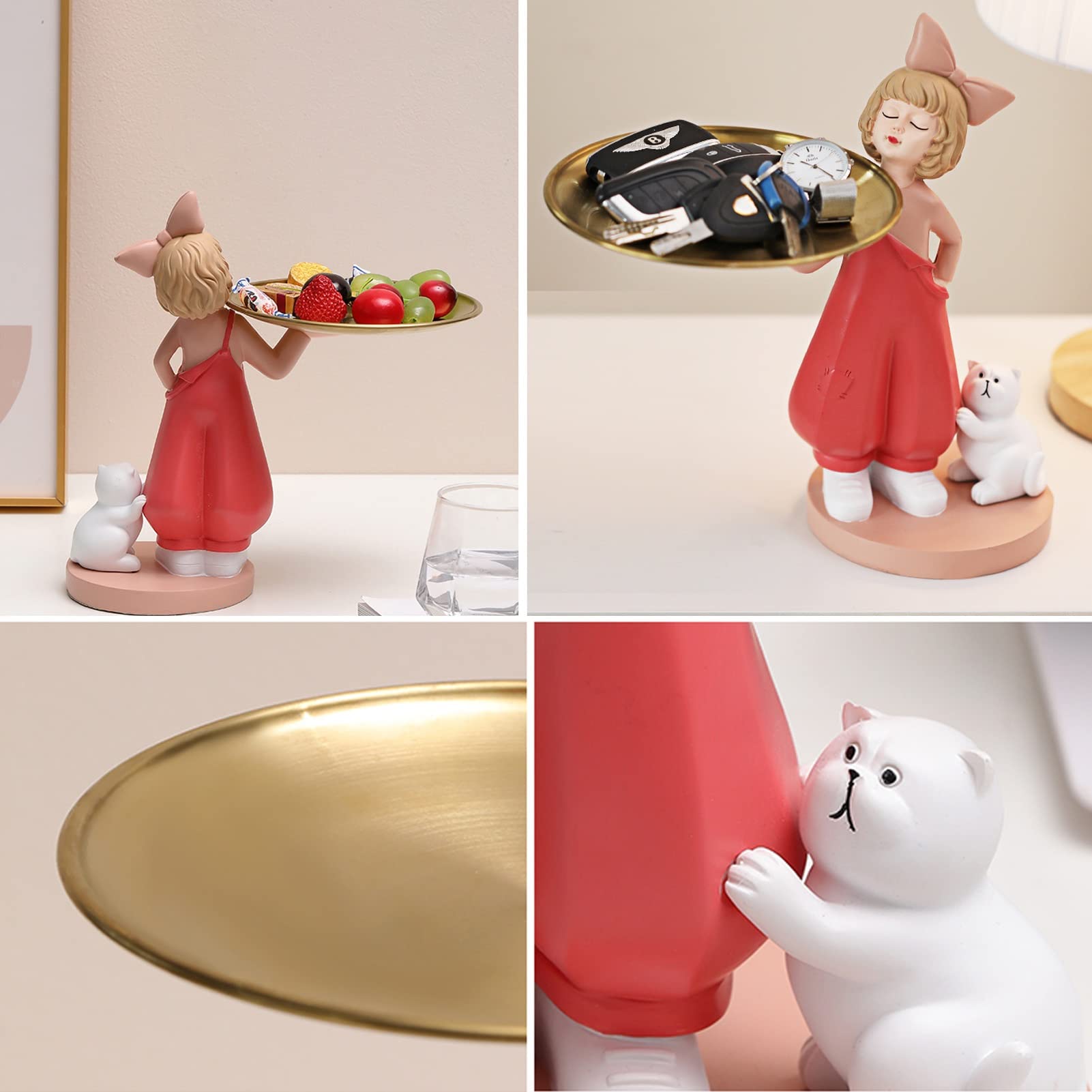 Cute Girl Cat Resin Statue with Storage Tray - Modern Home Decor Sculpture for Jewelry, Keys & Candy Storage | Desktop Organizer for Office & Bedroom Decor