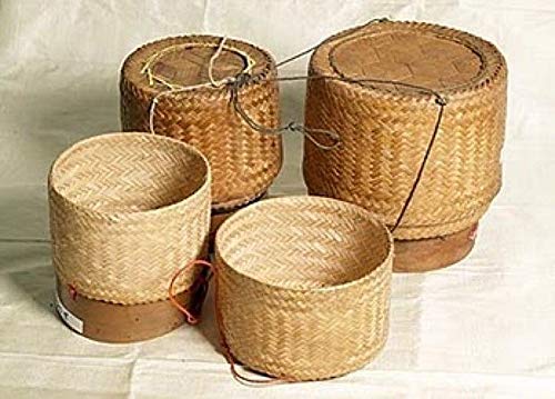 Handmade Thai-Lao Bamboo Sticky Rice Steamer Basket Set - 5-Piece Traditional Kitchen Cookware for Perfect Sticky Rice & Steaming Vegetables | Ideal for Asian Cooking, Camping & Outdoor Picnics