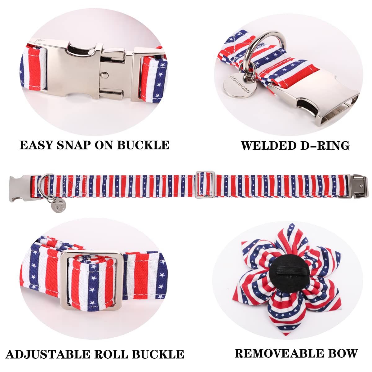 DOGWONG Patriotic American Flag Dog Collar with Bowtie & Flower - Comfortable Cotton Collar for Small, Medium & Large Dogs - Perfect for 4th of July, Memorial Day & National Pet Holidays