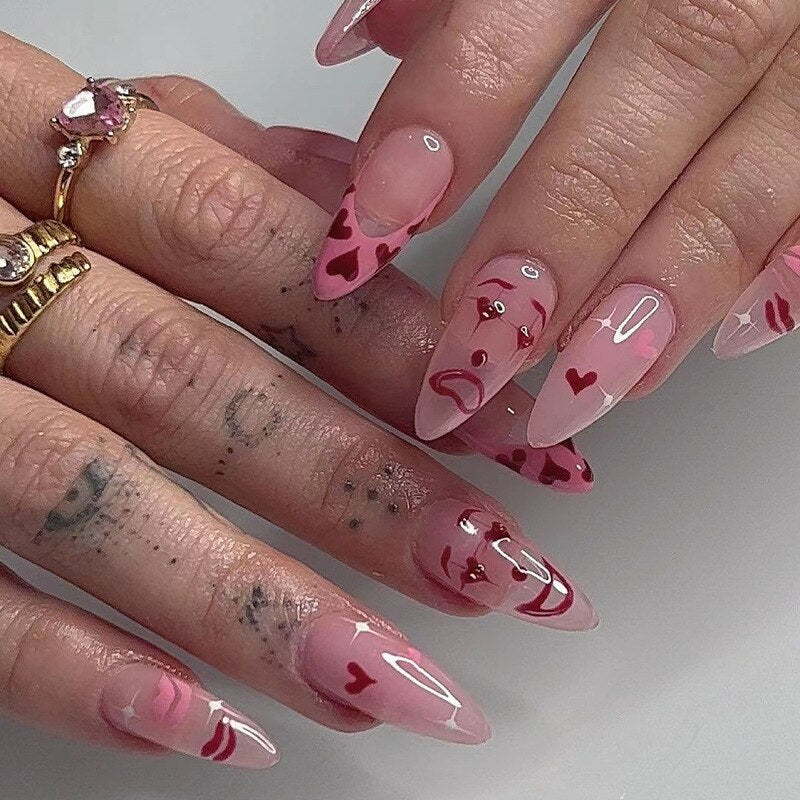 24Pcs Pink Gradient Glitter Butterfly Rhinestones Fake Nails - Full Cover Acrylic Press on Nails with Detachable Glue for Women | Perfect for Parties, Weddings & Special Occasions