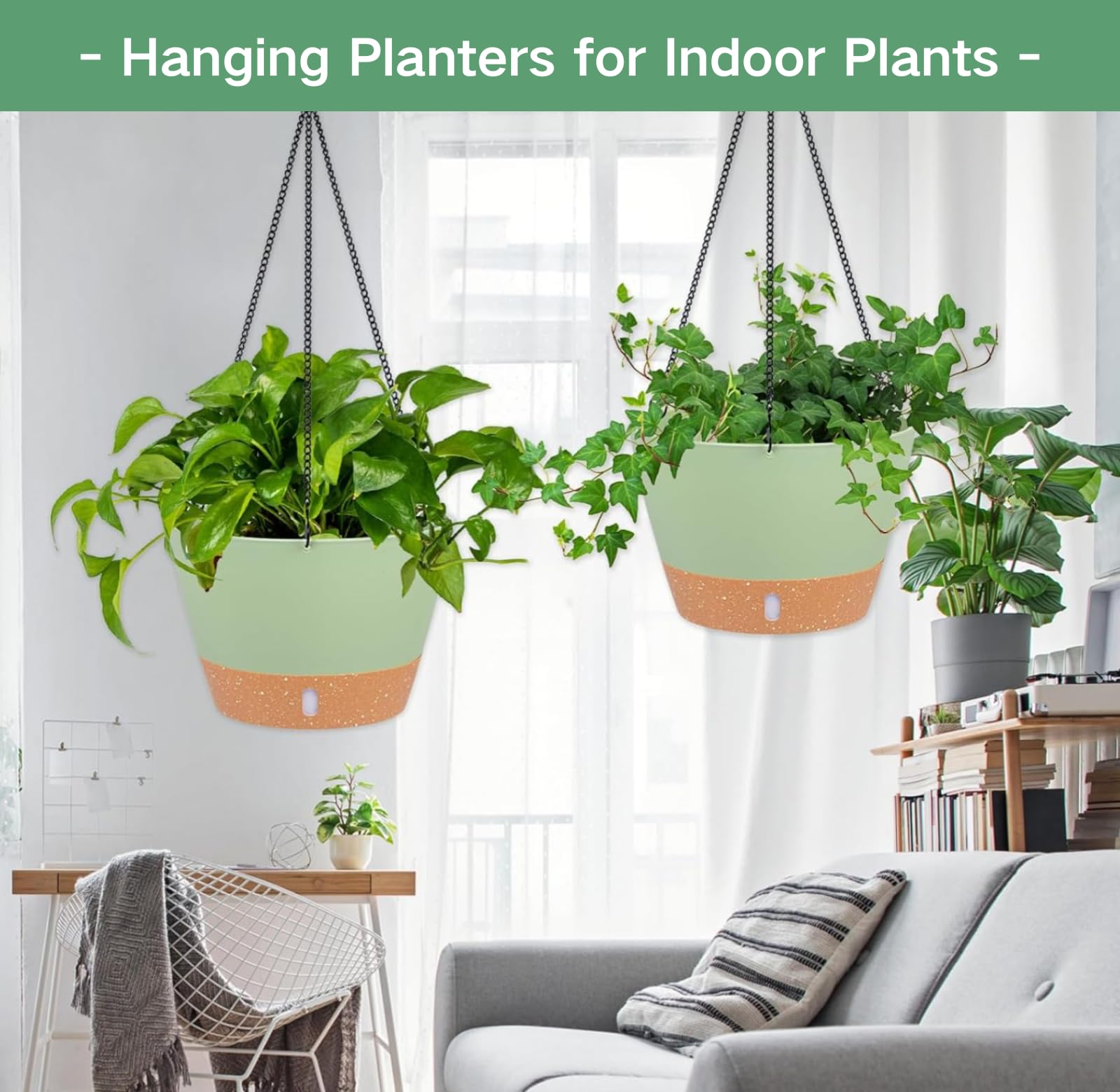 10 Inch Hanging Planters for Indoor Plants - 2 Pack Self Watering Pots with Drainage Holes & Removable Tray - Outdoor Hanging Baskets for Balcony, Patio, Garden Decor - Perfect for Herbs, Flowers & Small Plants