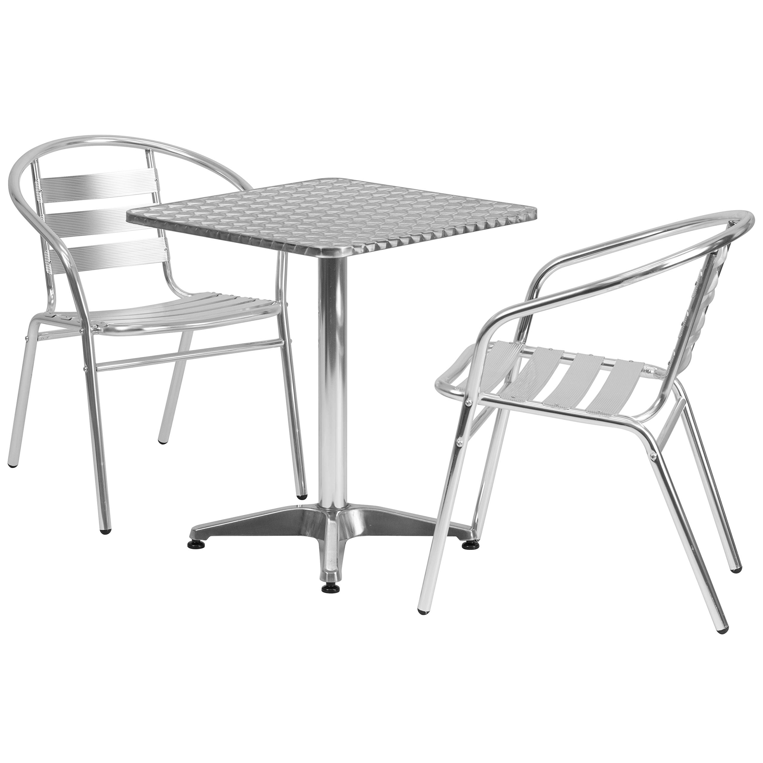 Flash Furniture 23.5'' Square Aluminum Indoor-Outdoor Dining Table Set with 2 Slat Back Chairs - Perfect for Patio, Garden, Poolside & Small Space Dining