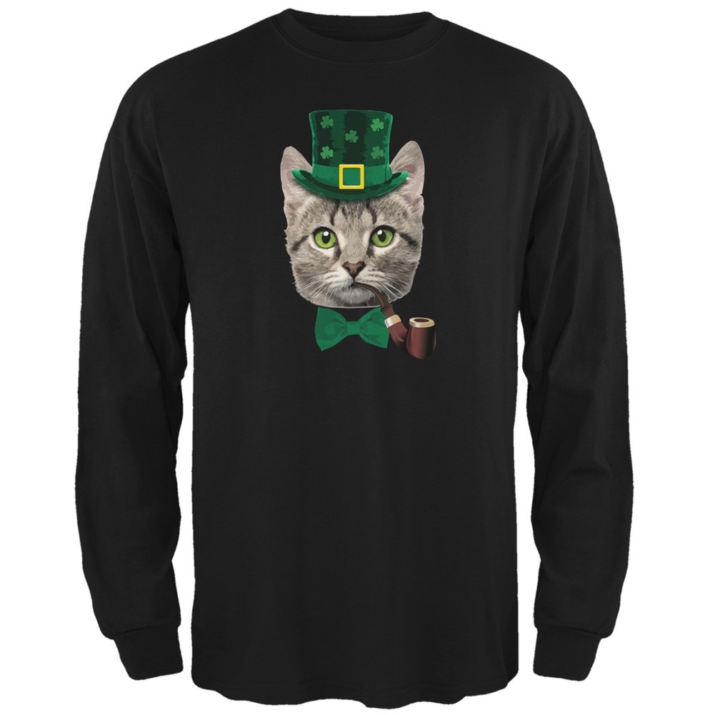 St. Patrick's Day Cat Print Black Long Sleeve T-Shirt for Men & Women - Funny Irish Party Shirt for Holiday Celebrations, Pub Crawls & Festive Outfits