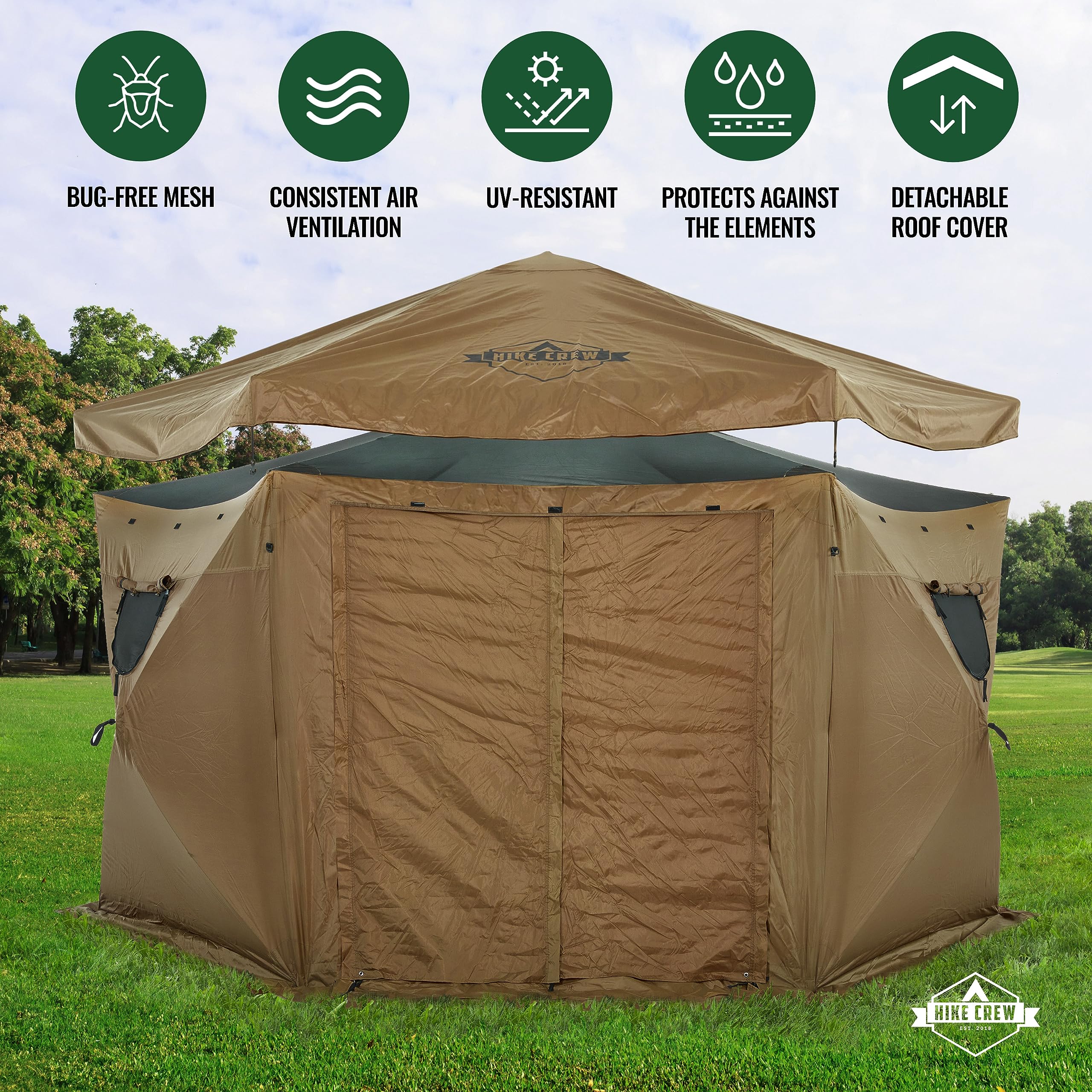 Hike Crew 13’ x 13’ Waterproof Pop-Up Gazebo Tent with Built-in Floor | 6-Sided Outdoor Canopy Shelter, Screened Roof & Cover, UV Resistant SPF 50+ | Perfect for Camping, Backyard Parties, Beach Outings & Outdoor Events