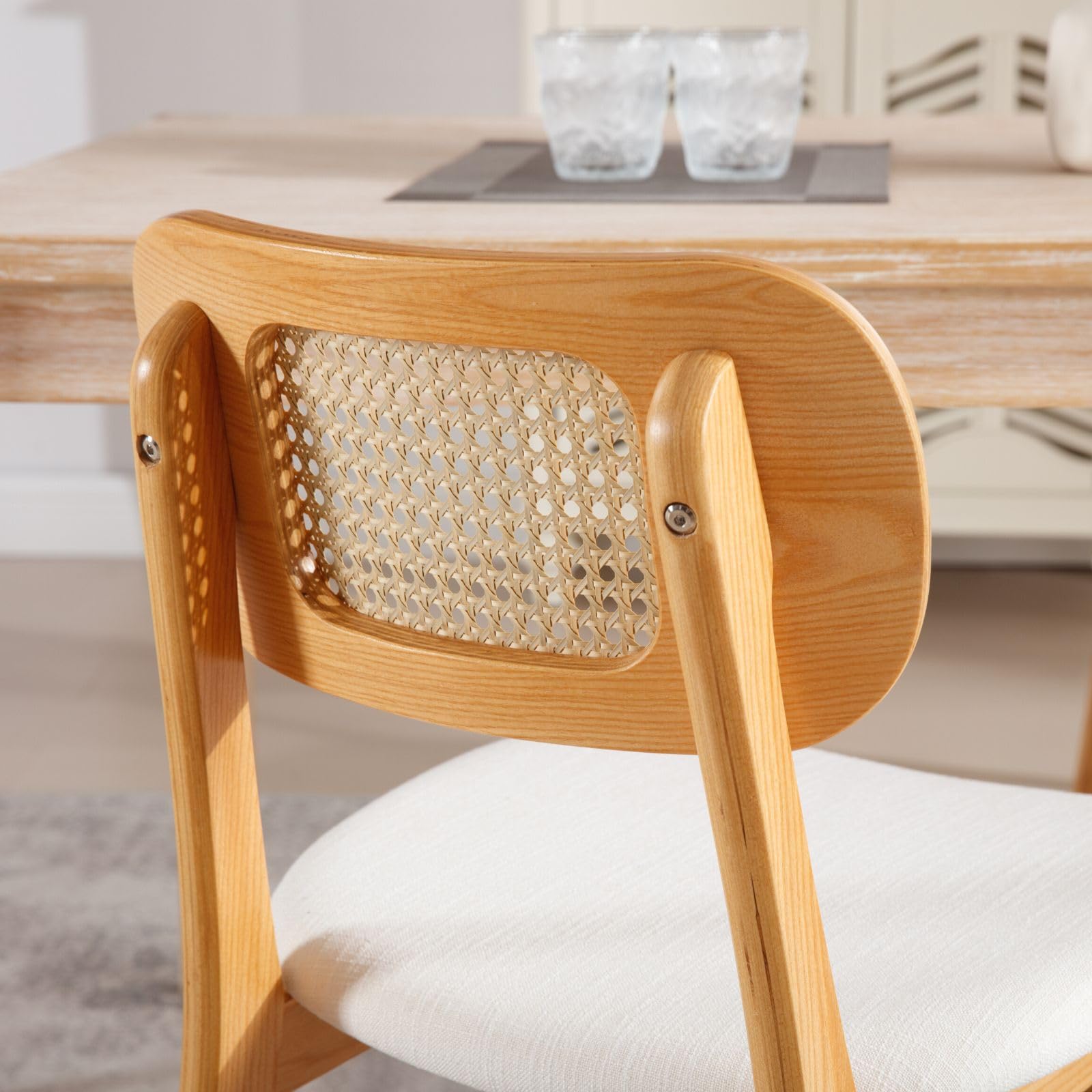 2 Pack Rattan Dining Chairs - Beige Linen Upholstered Farmhouse Kitchen Chairs with Natural Wood Frame | Boho Style Side Chairs for Dining Room, Breakfast Nook & Outdoor Patio