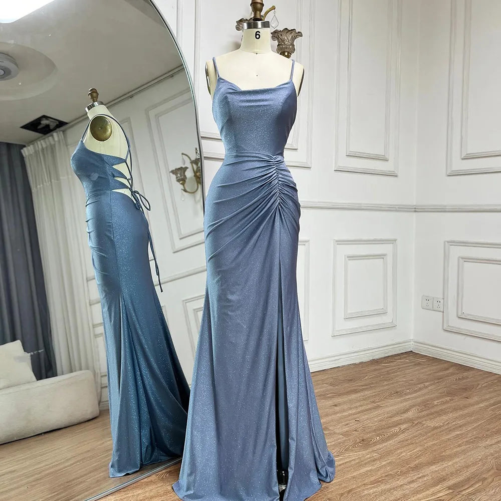 Elegant Dubai Saudi Arabic Blue Spaghetti Strap Mermaid Evening Gown with High Slit - Formal Dress for Prom, Wedding, Gala & Special Occasions
