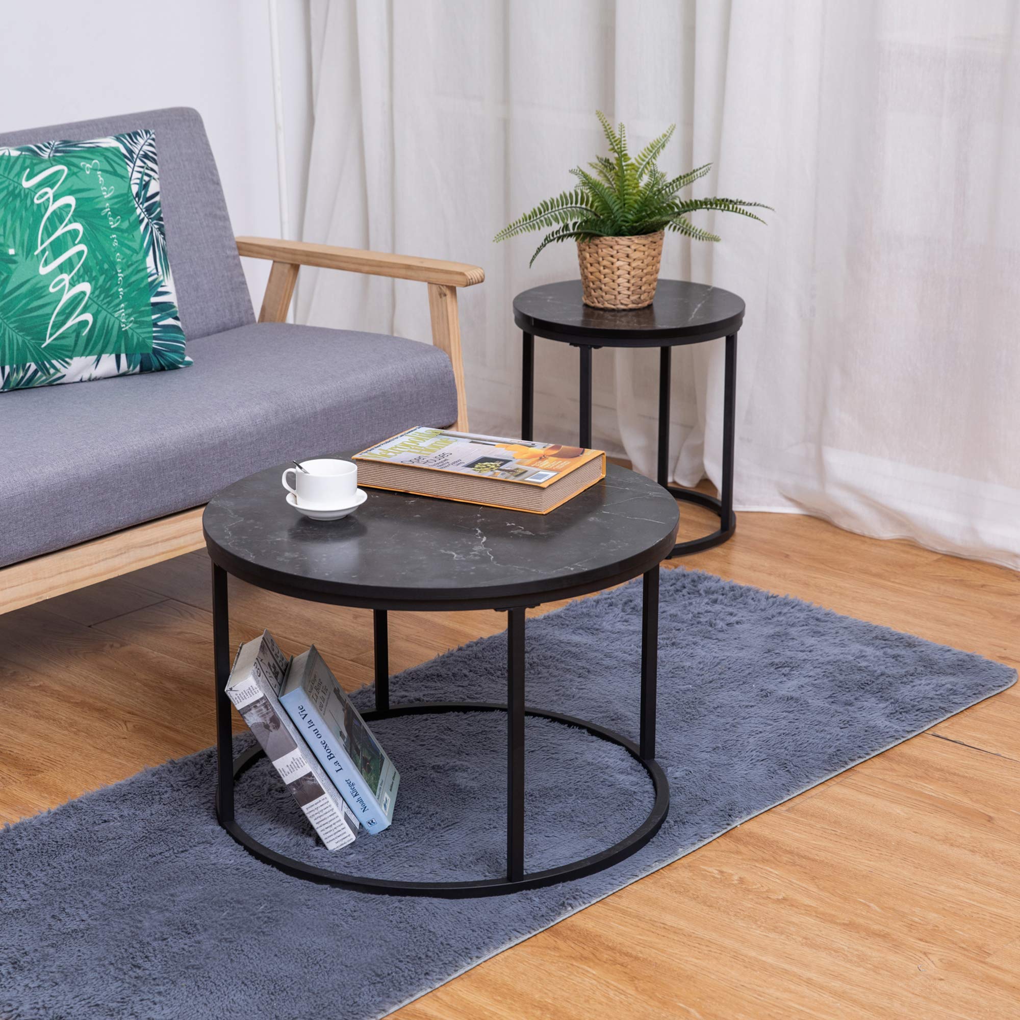Round Black Ball & Cast Side End Table with Faux Marble Top - 23.25