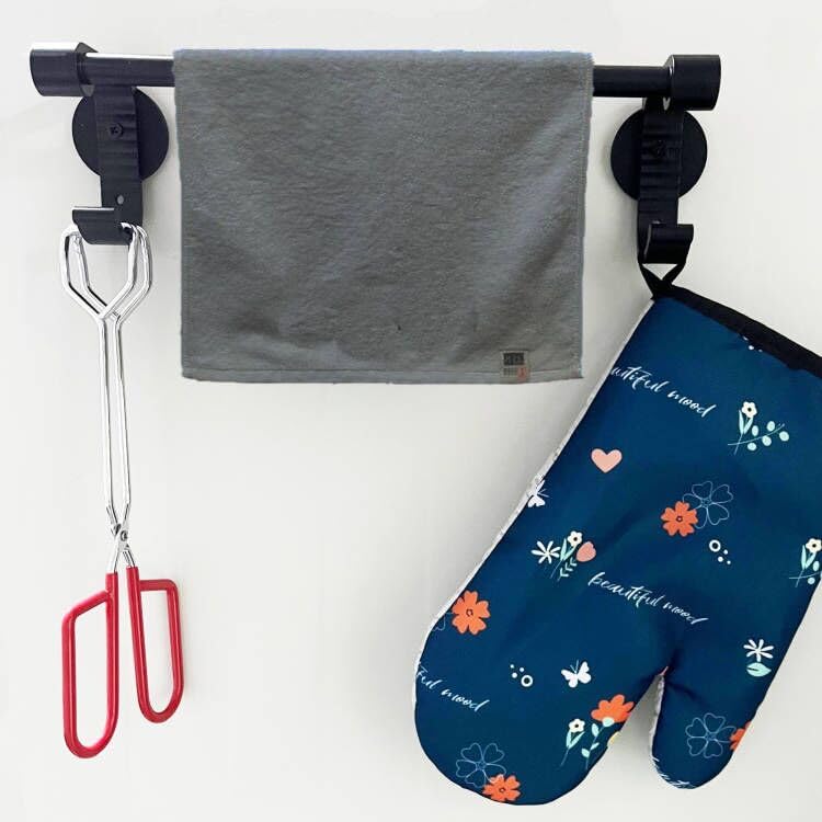 Strong Magnetic Towel Bar with 2 Hooks - Kitchen Utensil Organizer for Tongs, Oven Mitts & Dish Towels - Space-Saving Storage for Refrigerator, Stove, Dishwasher & Laundry Room - Perfect for Small Kitchens & RVs (Black)