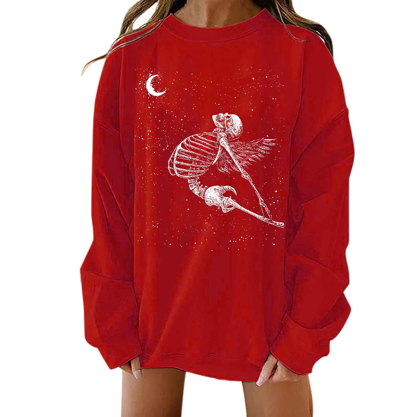 YOYORI Women's Fleece-Lined Hoodless Full Zip Sweatshirt - Loose Fit Crewneck Pullover Top with Long Sleeves (Red, Size L) - Perfect for Casual Wear, Gym, Running & Outdoor Activities