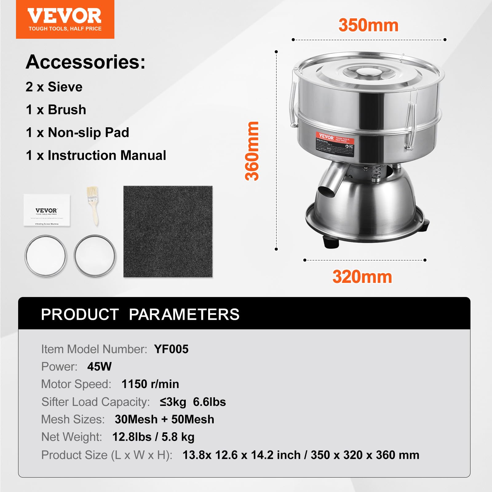 VEVOR Automatic Electric Vibrating Sieve Machine - 45W Stainless Steel Sifter Shaker with 30+50 Mesh for Flour, Powder, Rice, Mungbean - Perfect for Baking, Cooking, and Food Processing