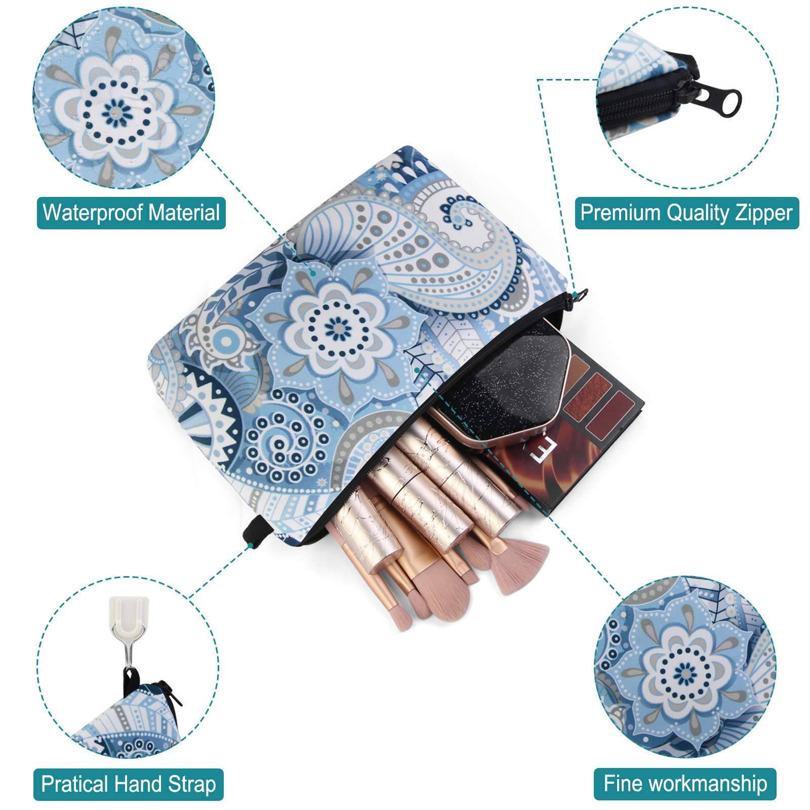 MAGEFY Women's Waterproof Travel Makeup Bag with Black Zipper - Portable Cosmetic Organizer Pouch for Toiletries & Beauty Essentials (Blue Floral Design) - Perfect for Daily Use, Gym, Vacation & Business Trips