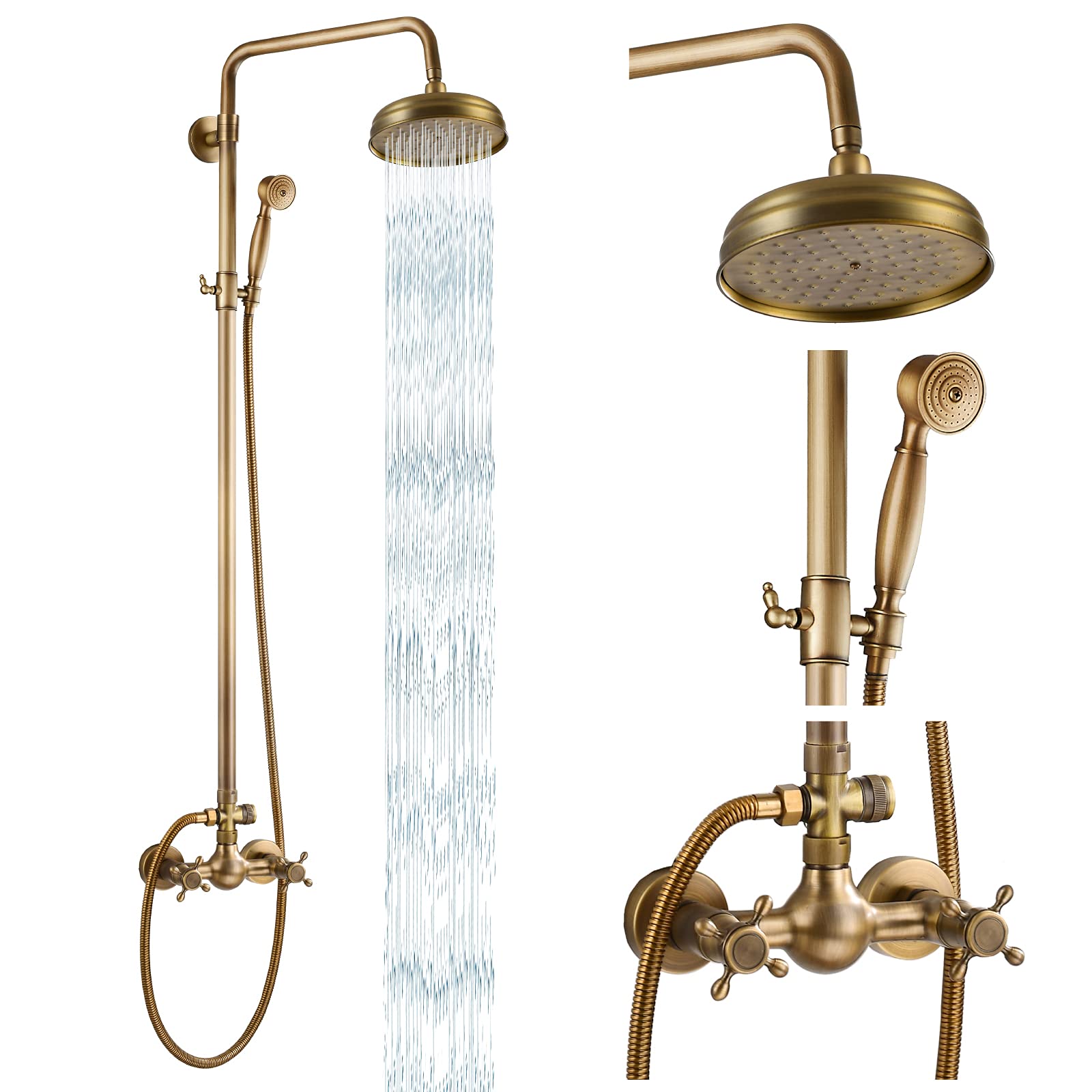 Antique Brass Exposed Shower Fixture Set - 8 Inch Rain Shower Head with 2 Double Knobs & Cross Handle - Dual Function Shower Faucet Combo System for Bathroom Remodeling & Luxury Spa Experience