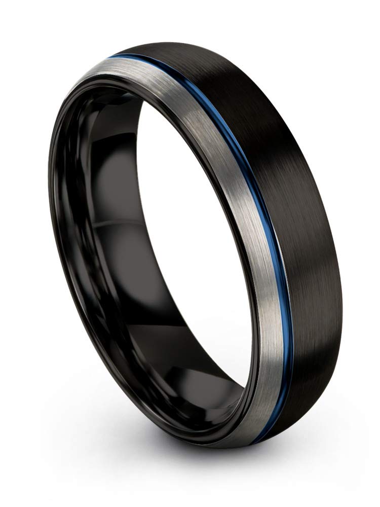 Tungsten Carbide Wedding Band Ring 6mm for Men & Women - Blue Black Offset Line, Dome Grey Exterior, Half Brushed & Polished - Custom Engraved Anniversary & Engagement Ring for Couples | Perfect for Weddings, Proposals & Romantic Gifts