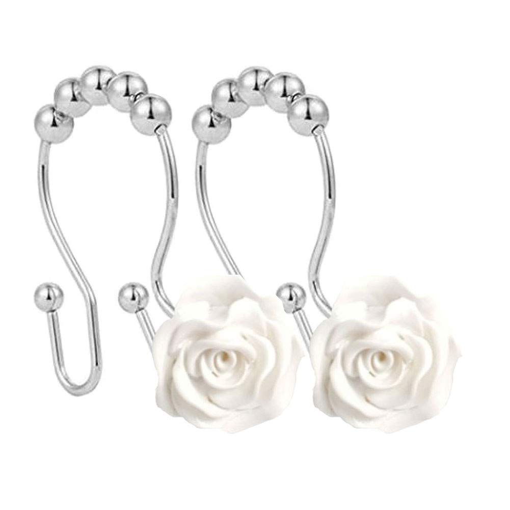 Stainless Steel Rose Flower Shower Curtain Hooks - 12 Pack White Rustproof Double Hooks with Roller for Bathroom Decor | Elegant Shower Accessories for Modern Bathrooms
