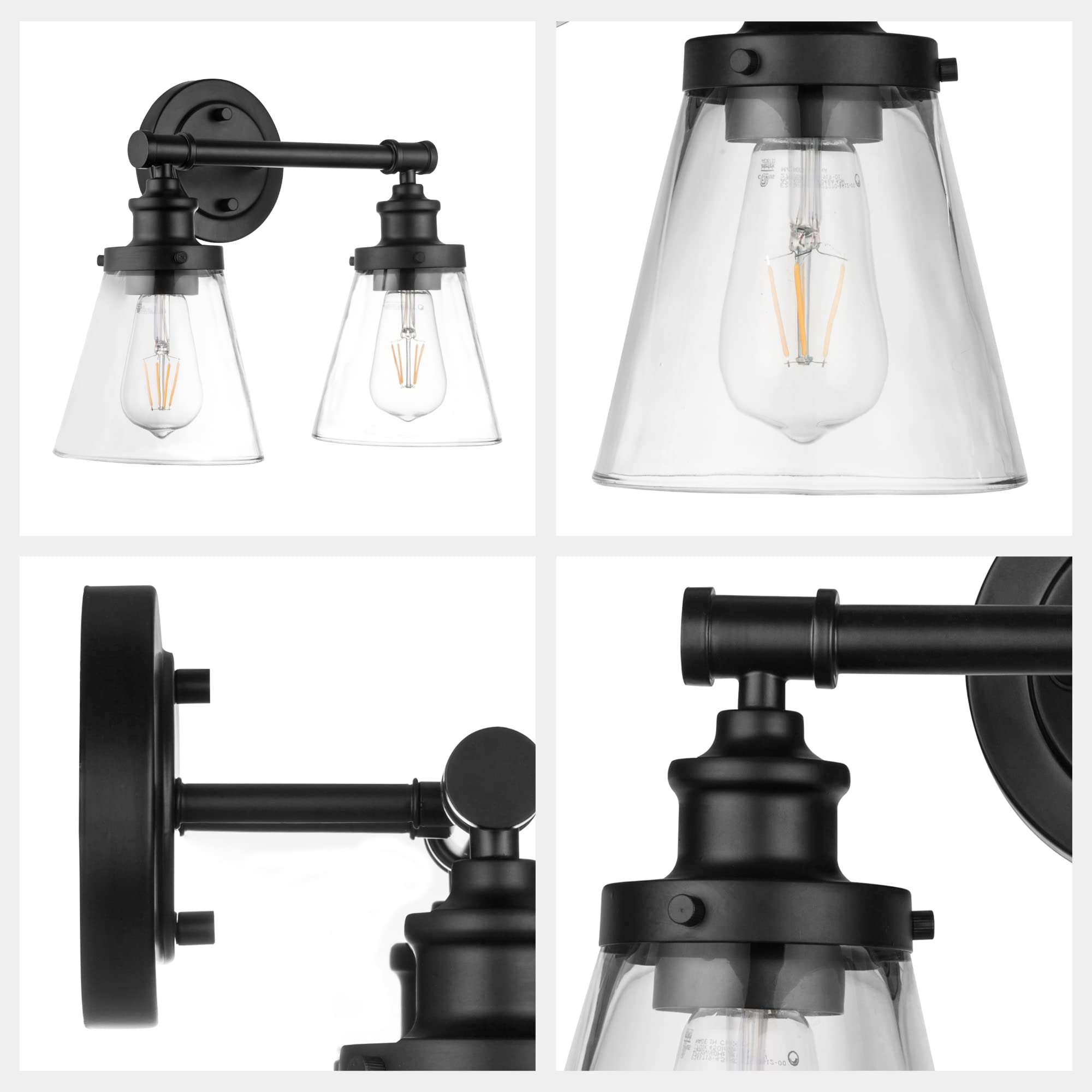 Prominence Home Helenah 2-Light Matte Black Bathroom Vanity Light Fixture with Clear Glass Shades - 51561-01 | Modern Lighting for Bathroom, Powder Room & Dressing Area
