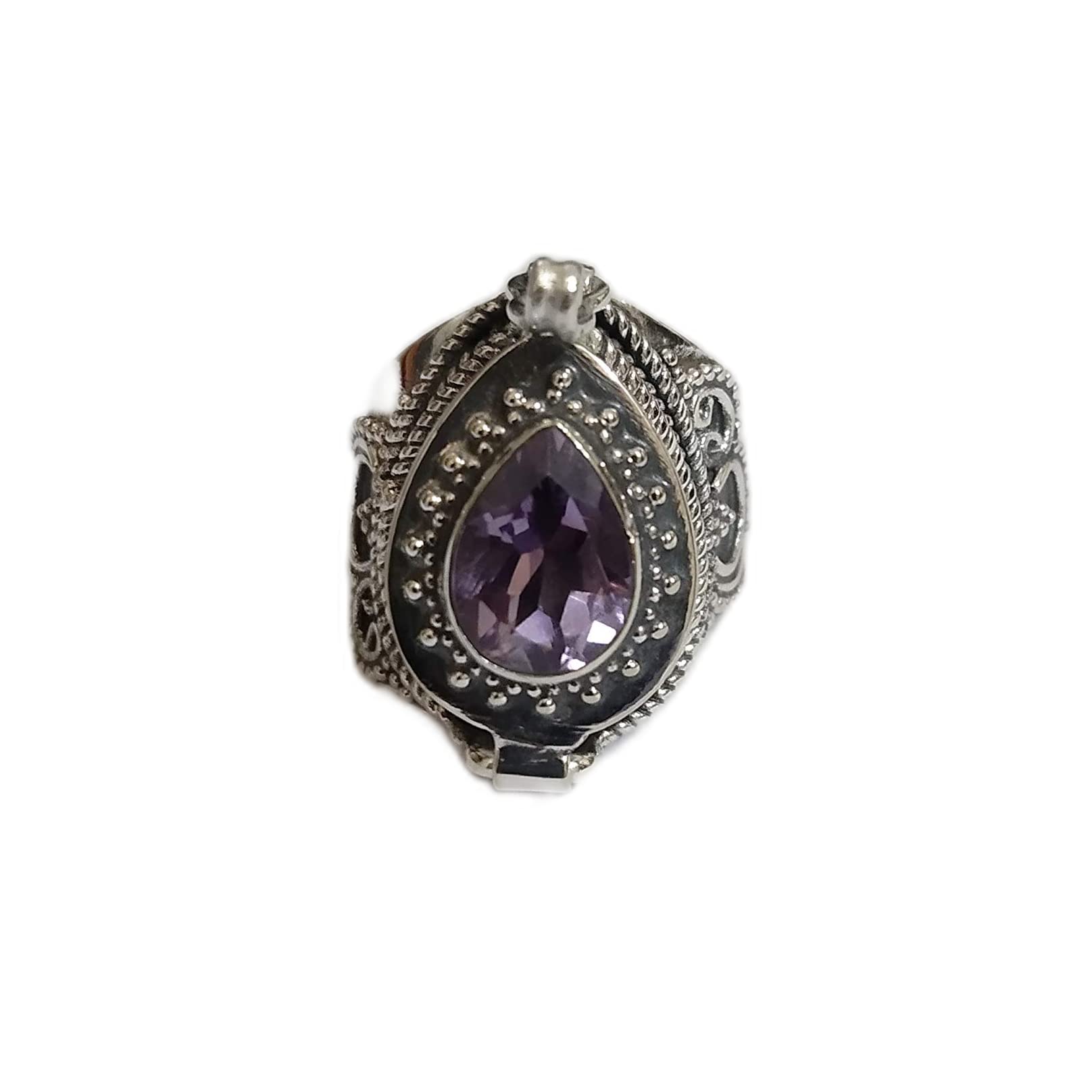Natural Amethyst Poison Ring - 925 Sterling Silver Handmade Adjustable Locket Ring with Secret Compartment | Perfect for Mother's Day Gifts, Boho Jewelry & Hidden Message Keepsakes | Great for Romantic Surprises, Medication Storage & Vintage Fashion Accessories