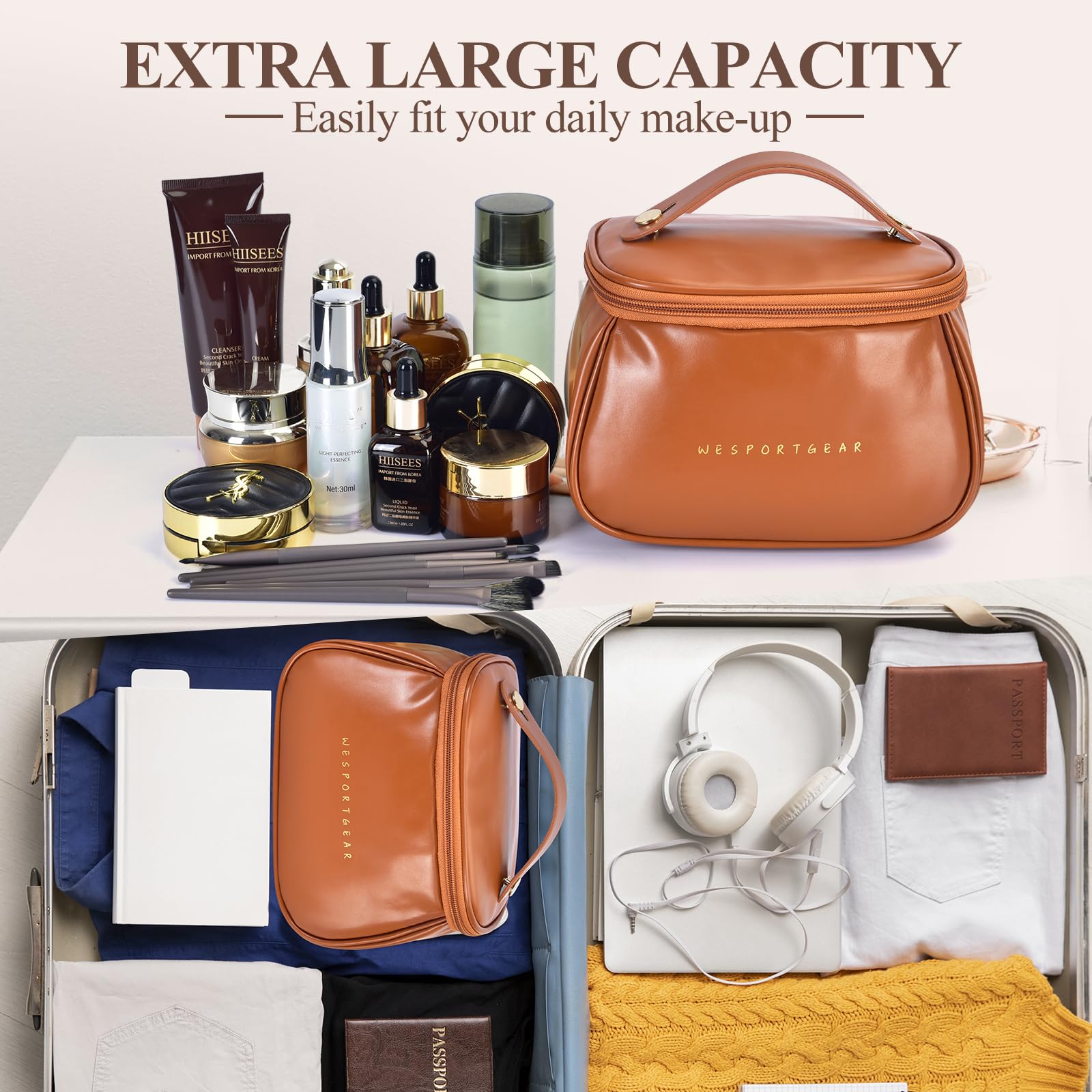Waterproof Travel Makeup Bag for Women - Large Capacity Cosmetic Organizer with Multiple Compartments, Portable Toiletry Bag for Vacation, Business Trips & Gym Essentials (Brown)