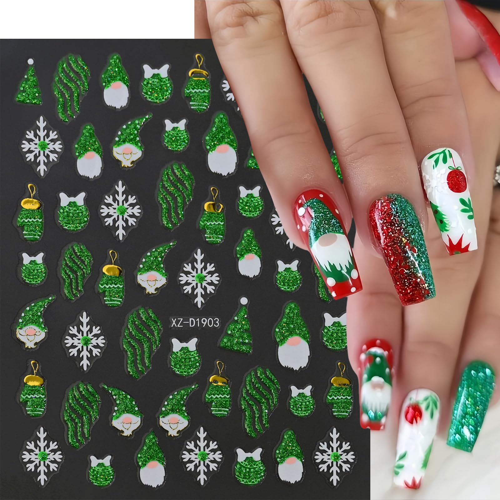8 Sheets Christmas Nail Stickers - 3D Self-Adhesive Gingerbread Man, Snowmen, Elk & Santa Hat Nail Art Decals with Red Green Glitter for Holiday Manicure | Perfect for Xmas Parties, Gift Giving & Winter Nail Art Designs